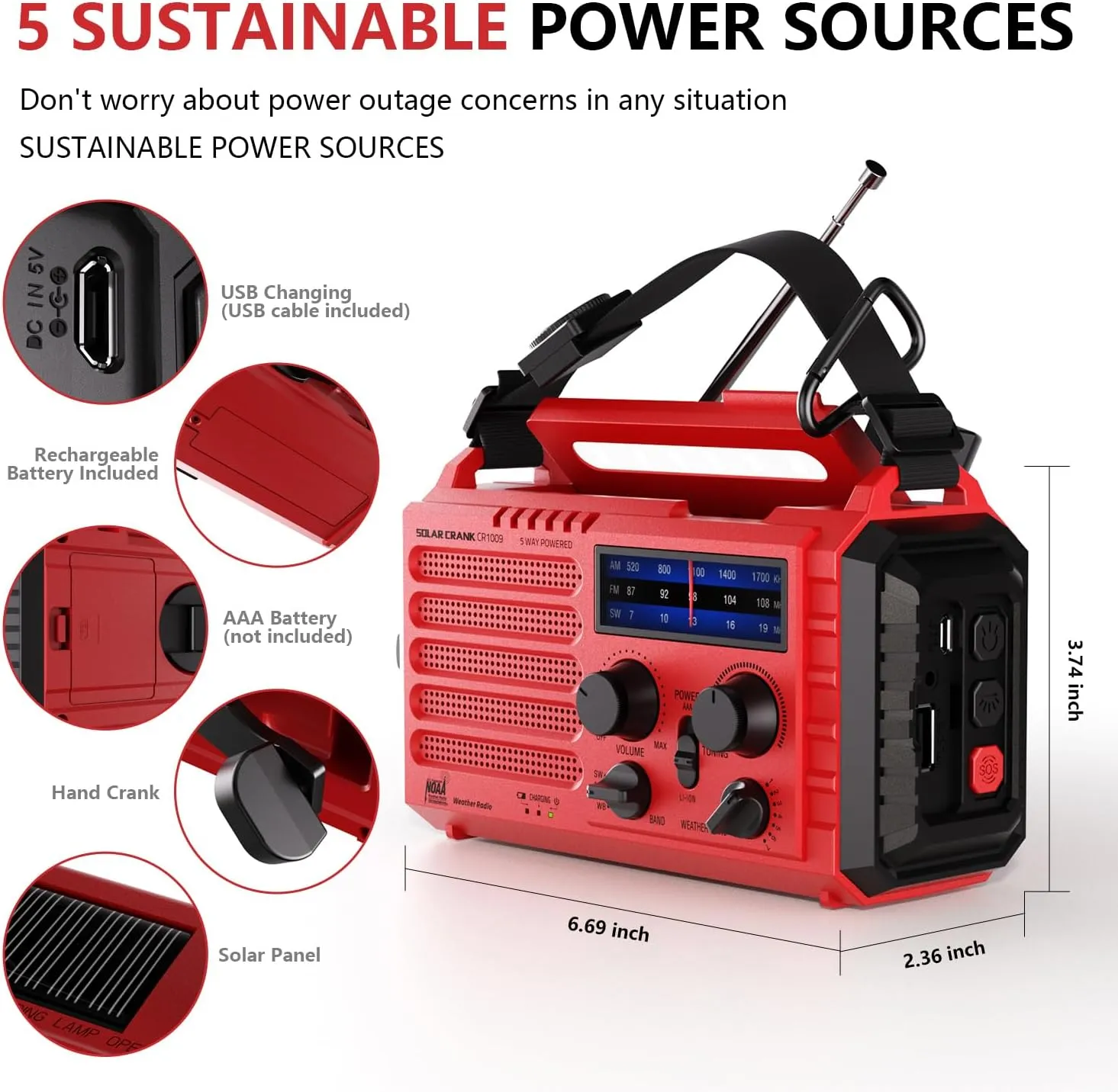 Emergency Solar Hand Crank Radio, AM/FM/SW NOAA Weather Alert Radio, Flashlight, Reading Lamp, SOS Alarm for Survival Home Outdoor Hurricane