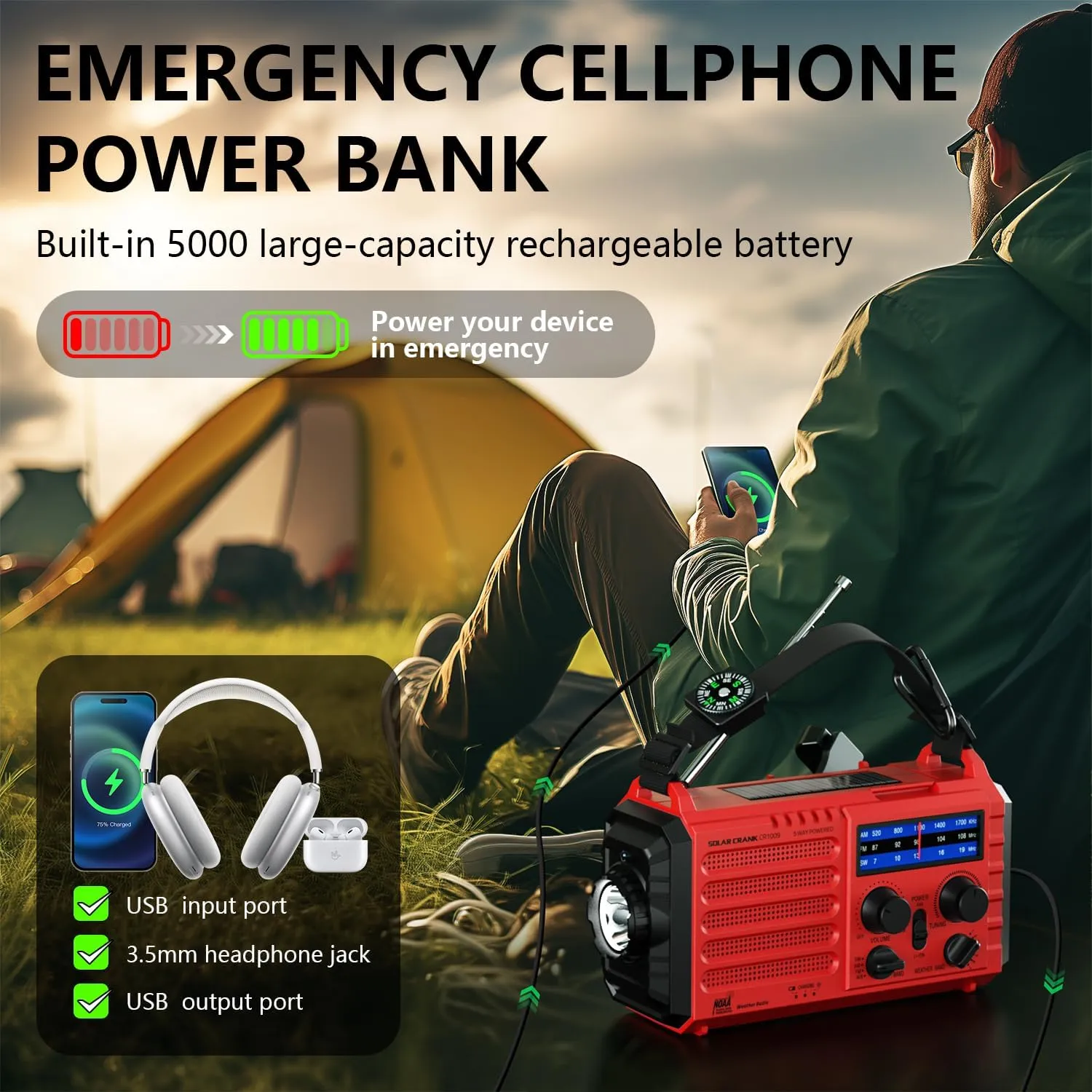 Emergency Solar Hand Crank Radio, AM/FM/SW NOAA Weather Alert Radio, Flashlight, Reading Lamp, SOS Alarm for Survival Home Outdoor Hurricane