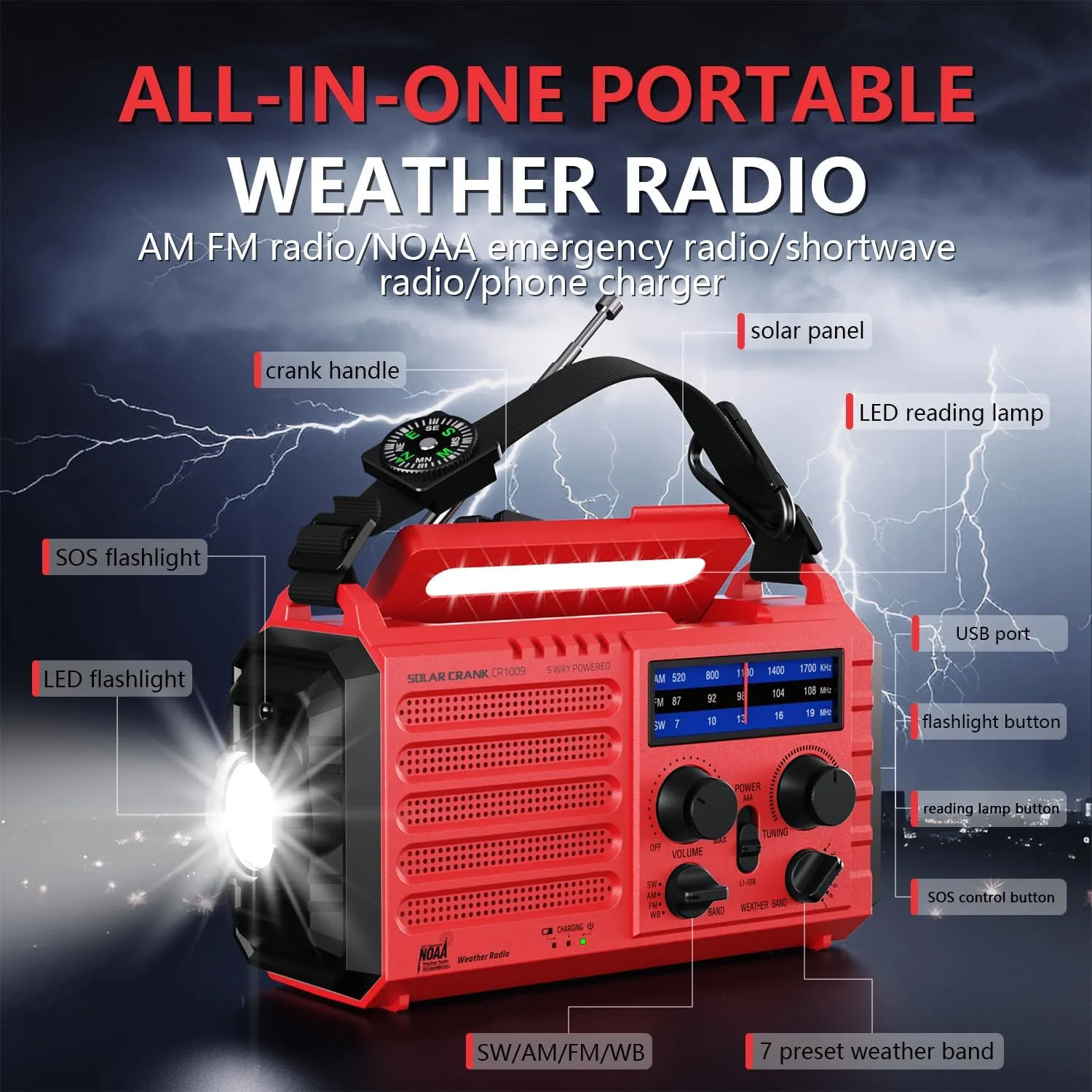 Emergency Solar Hand Crank Radio, AM/FM/SW NOAA Weather Alert Radio, Flashlight, Reading Lamp, SOS Alarm for Survival Home Outdoor Hurricane
