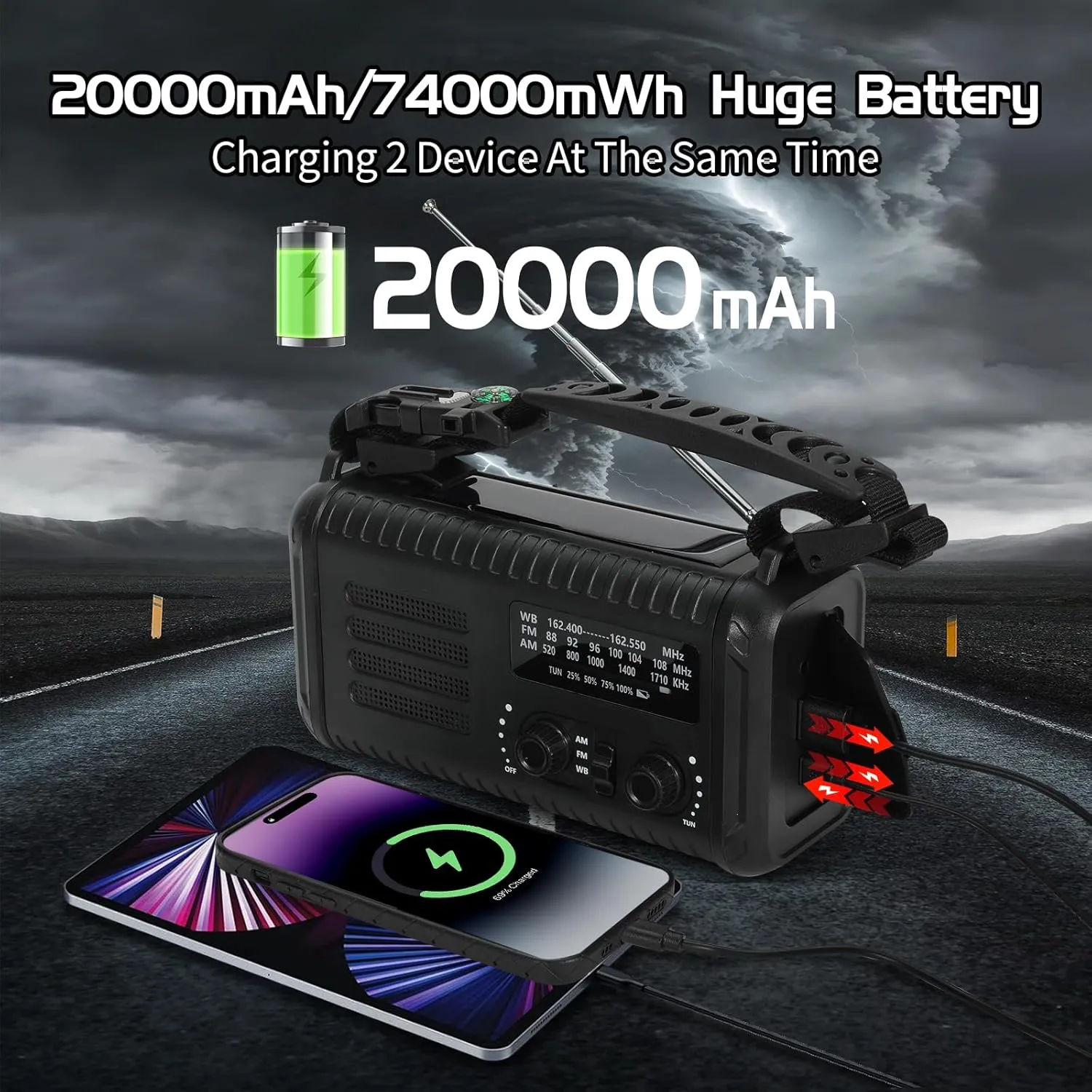 Emergency Weather Radio, 20000mAh Solar Radio, Hand Crank Radio with AM/FM/NOAA, Portable Radios with Flashlight & Reading Lamp, Earphone Jack, SOS Alarm, Phone Charger for Indoor Outdoor Emergencies