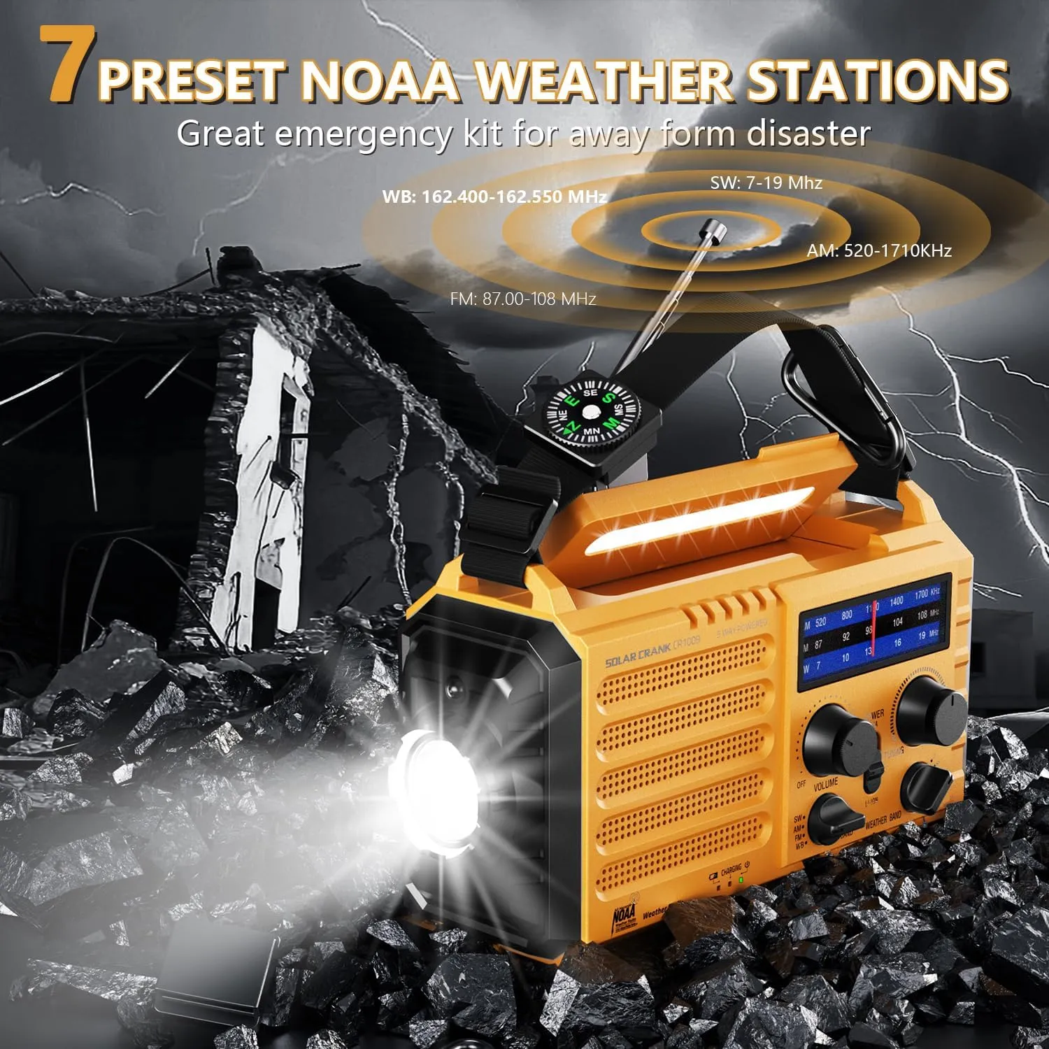 Emergency Weather Radio, 5 Ways Powered Crank Solar Radio, Portable AM/FM/SW/NOAA Weather Radio Battery Operated with Cellphone Charger, Camping Flashlight, Reading Lamp, SOS Alarm for Home Outdoor