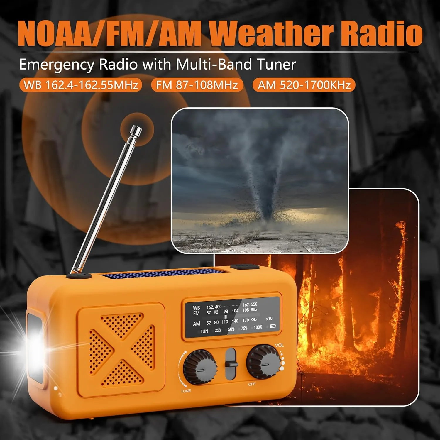 Emergency Weather Radio, 5000mAh Hand Crank Radio for Survival, AM/FM/NOAA Emergency Weather Alert Radios with Solar Charging, Hand Crank, USB Charged, Flashlight, SOS Alarm for Indoor Outdoor