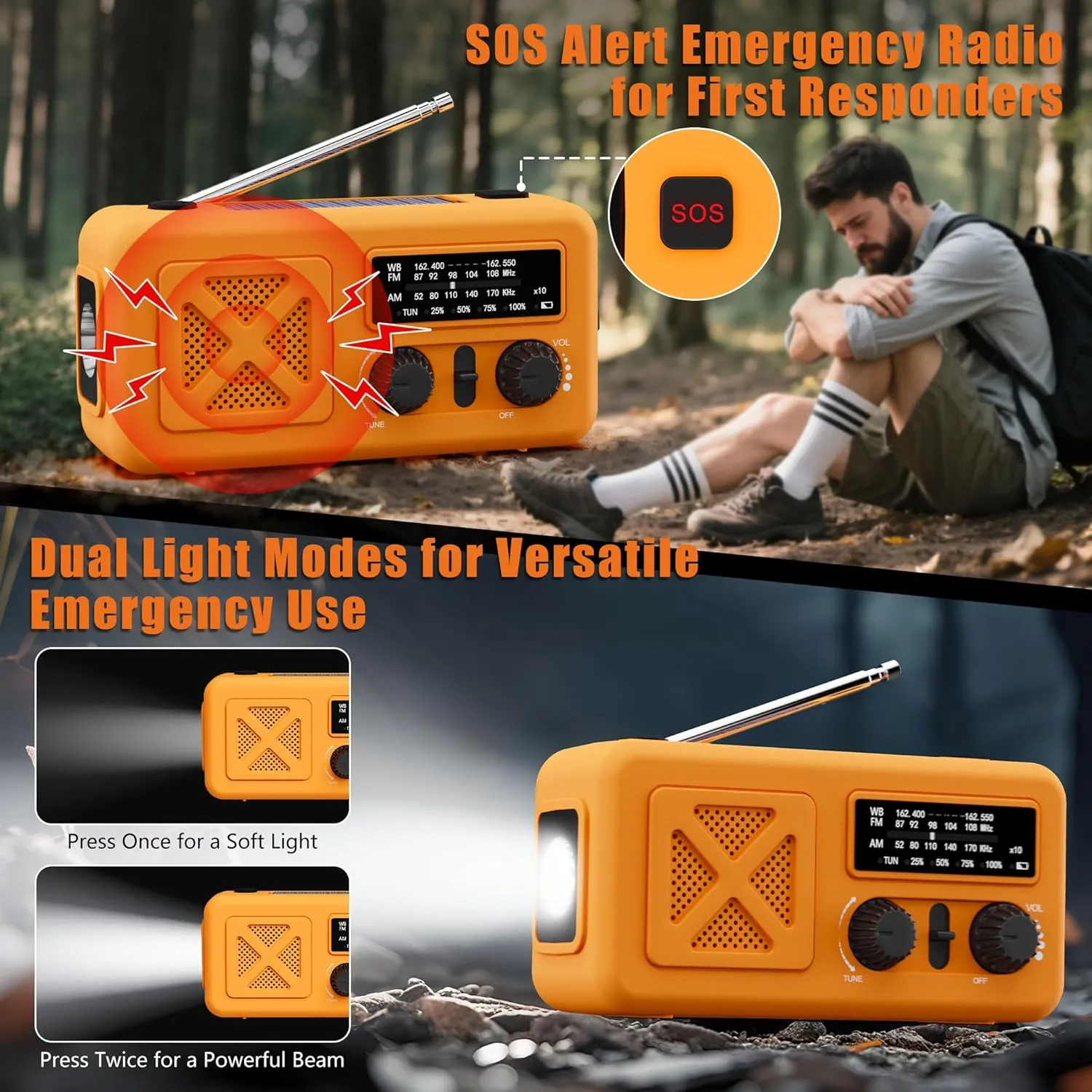 Emergency Weather Radio, 5000mAh Hand Crank Radio for Survival, AM/FM/NOAA Emergency Weather Alert Radios with Solar Charging, Hand Crank, USB Charged, Flashlight, SOS Alarm for Indoor Outdoor