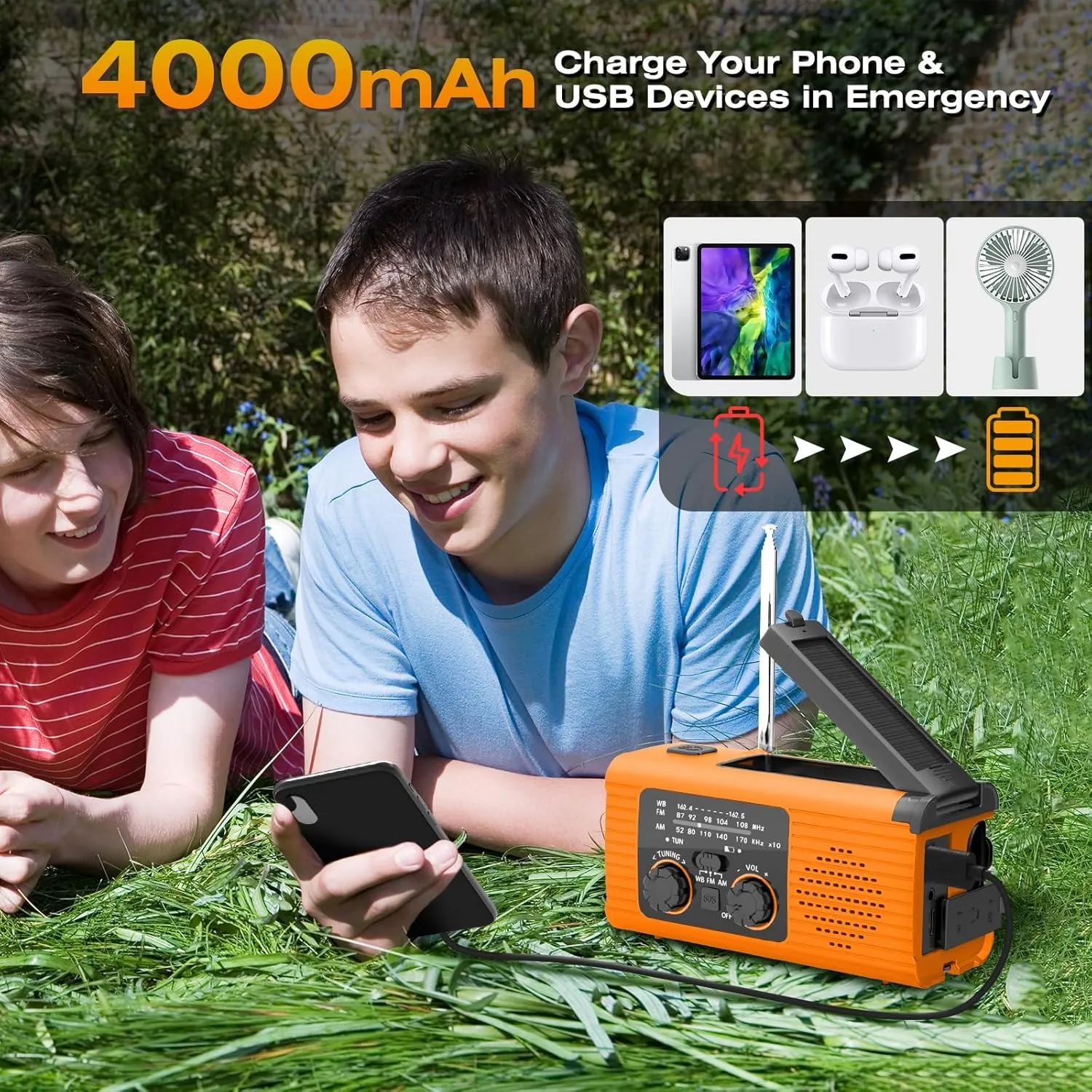 Emergency Weather Radio NOAA/AM/FM with 4000mAh Portable Emergency Kit, USB/Solar/Hand Crank Charging, Flashlight, SOS Alarm, Radios for Outdoor Indoor Hurricane Camping Survival Essentials
