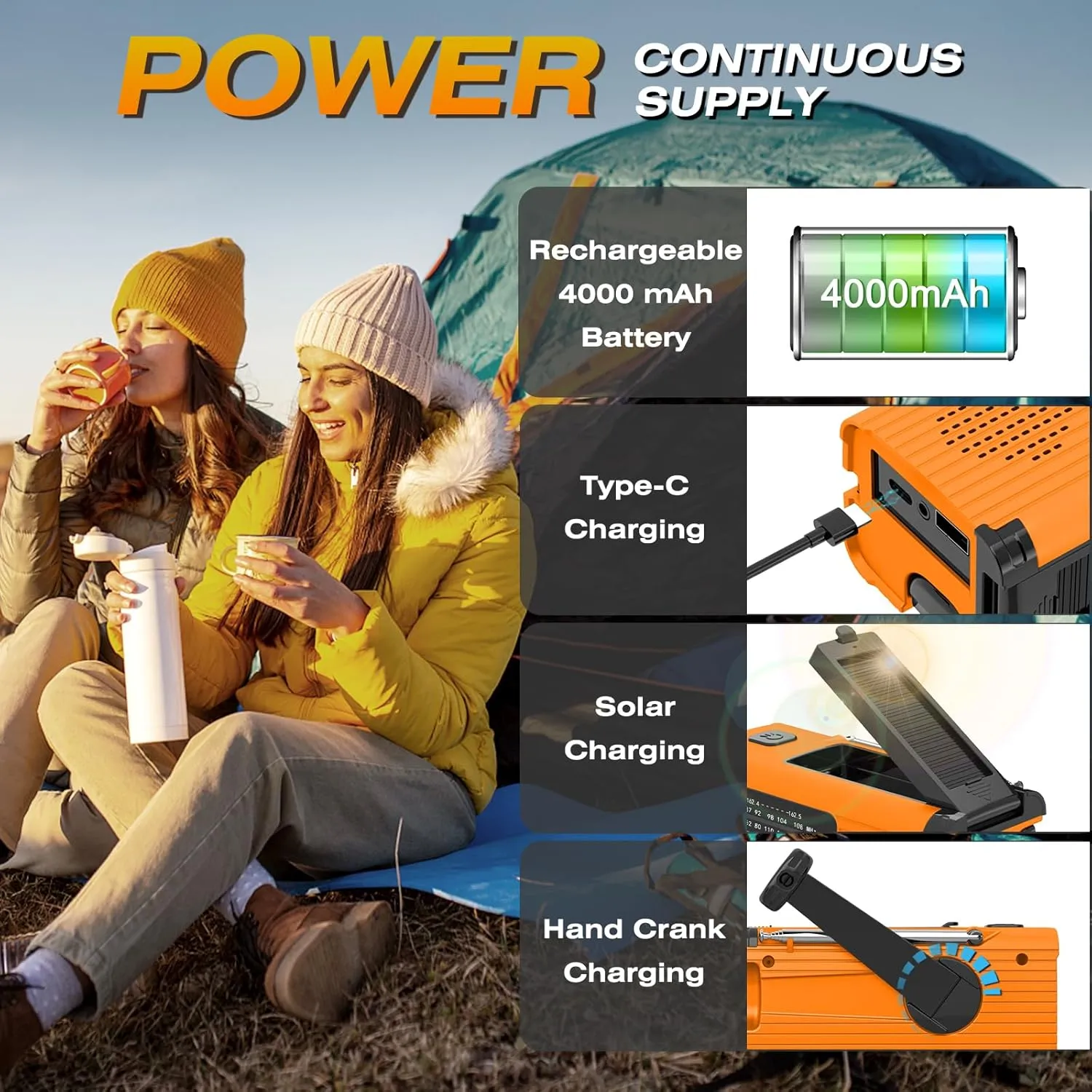 Emergency Weather Radio NOAA/AM/FM with 4000mAh Portable Emergency Kit, USB/Solar/Hand Crank Charging, Flashlight, SOS Alarm, Radios for Outdoor Indoor Hurricane Camping Survival Essentials
