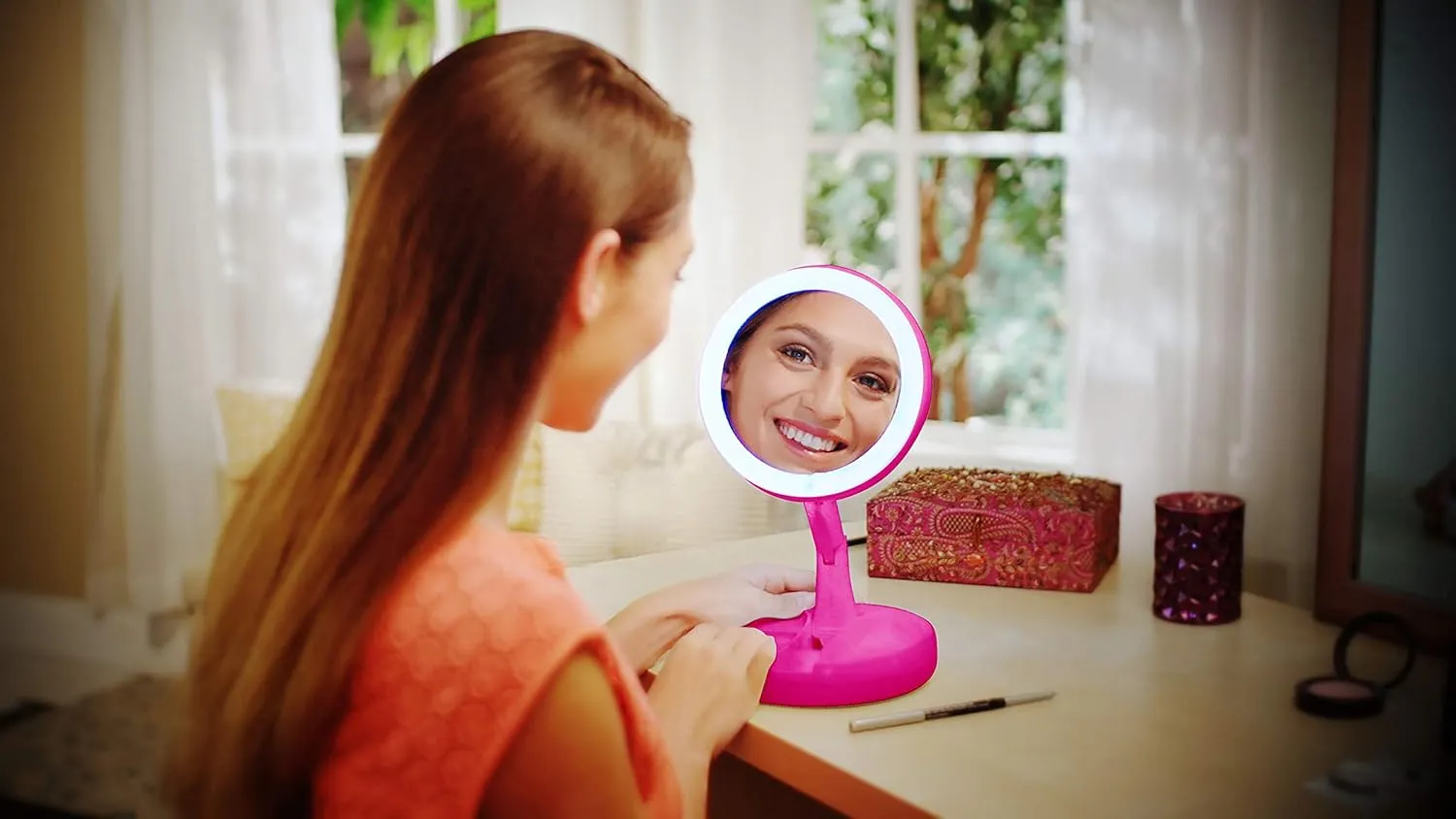 Emson My Foldaway Mirror The Lighted, Double Sided Vanity Mirror 10x Magnification - as Seen On Tv! Pink