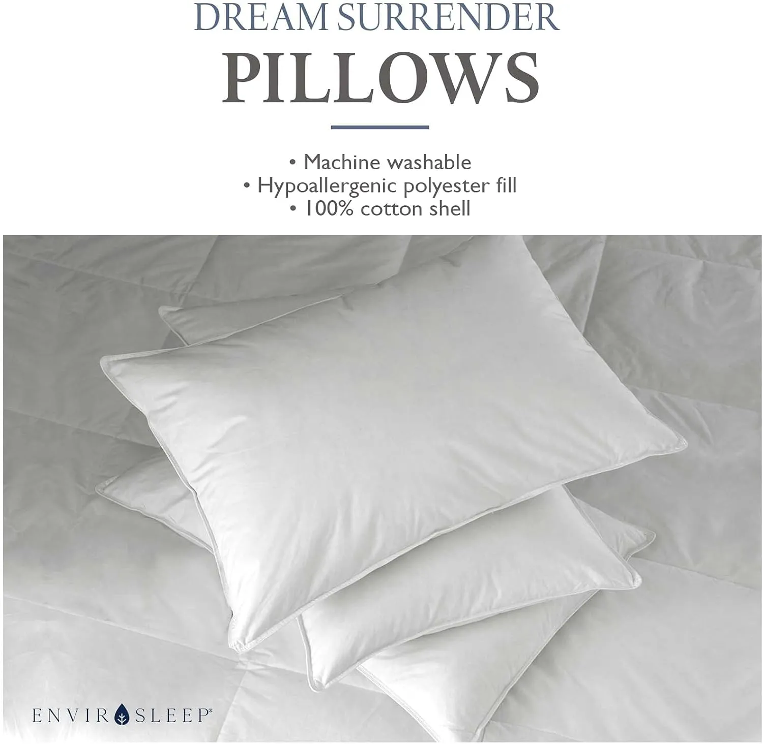 Envirosleep Dream Surrender Medium Support Pillows - Hypoallergenic Polyester Filled Cotton Shell Pillow Set, Standard Size 2 Pillow Set for Hotel or Home Use, by Manchester Mills
