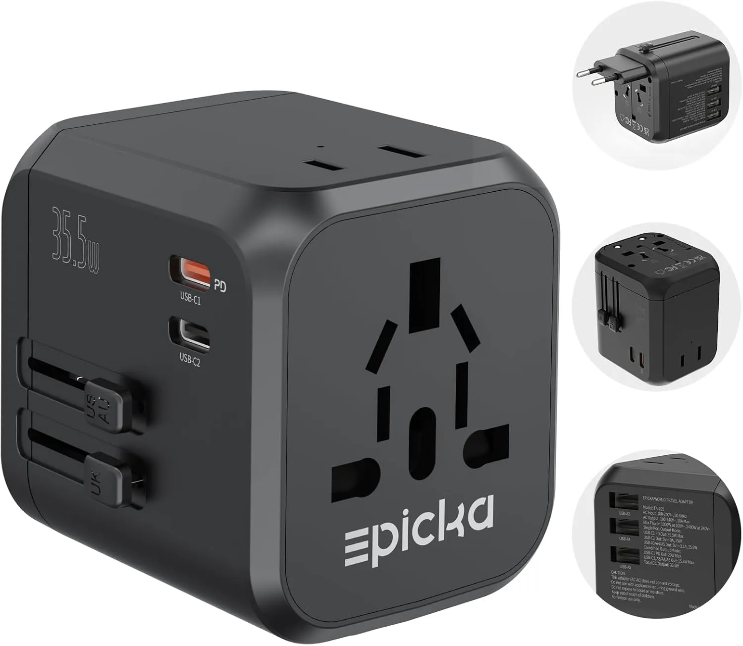 EPICKA 35W Universal Travel Adapter with 2 AC Outlet, European Travel Plug Adapter with PD Fast Charging, 6-Port (2 AC/2 USB-C/3 USB-A) International Power Adapter - Travel Essentials (TA-205, Black)