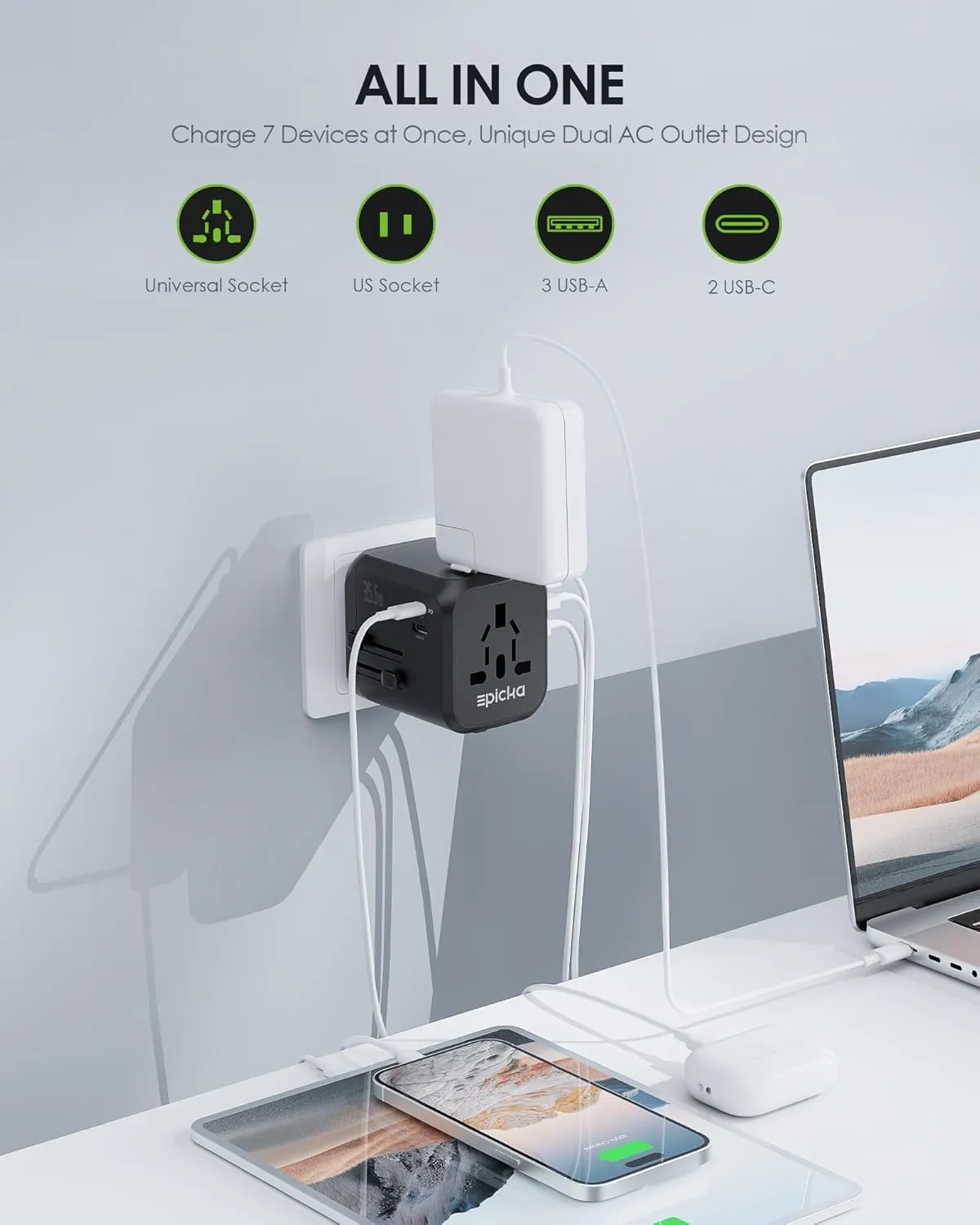 EPICKA 35W Universal Travel Adapter with 2 AC Outlet, European Travel Plug Adapter with PD Fast Charging, 6-Port (2 AC/2 USB-C/3 USB-A) International Power Adapter - Travel Essentials (TA-205, Black)