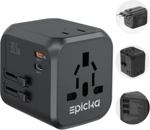 EPICKA 35W Universal Travel Adapter with 2 AC Outlet, European Travel Plug Adapter with PD Fast Charging, 6-Port (2 AC/2 USB-C/3 USB-A) International Power Adapter - Travel Essentials (TA-205, Black)