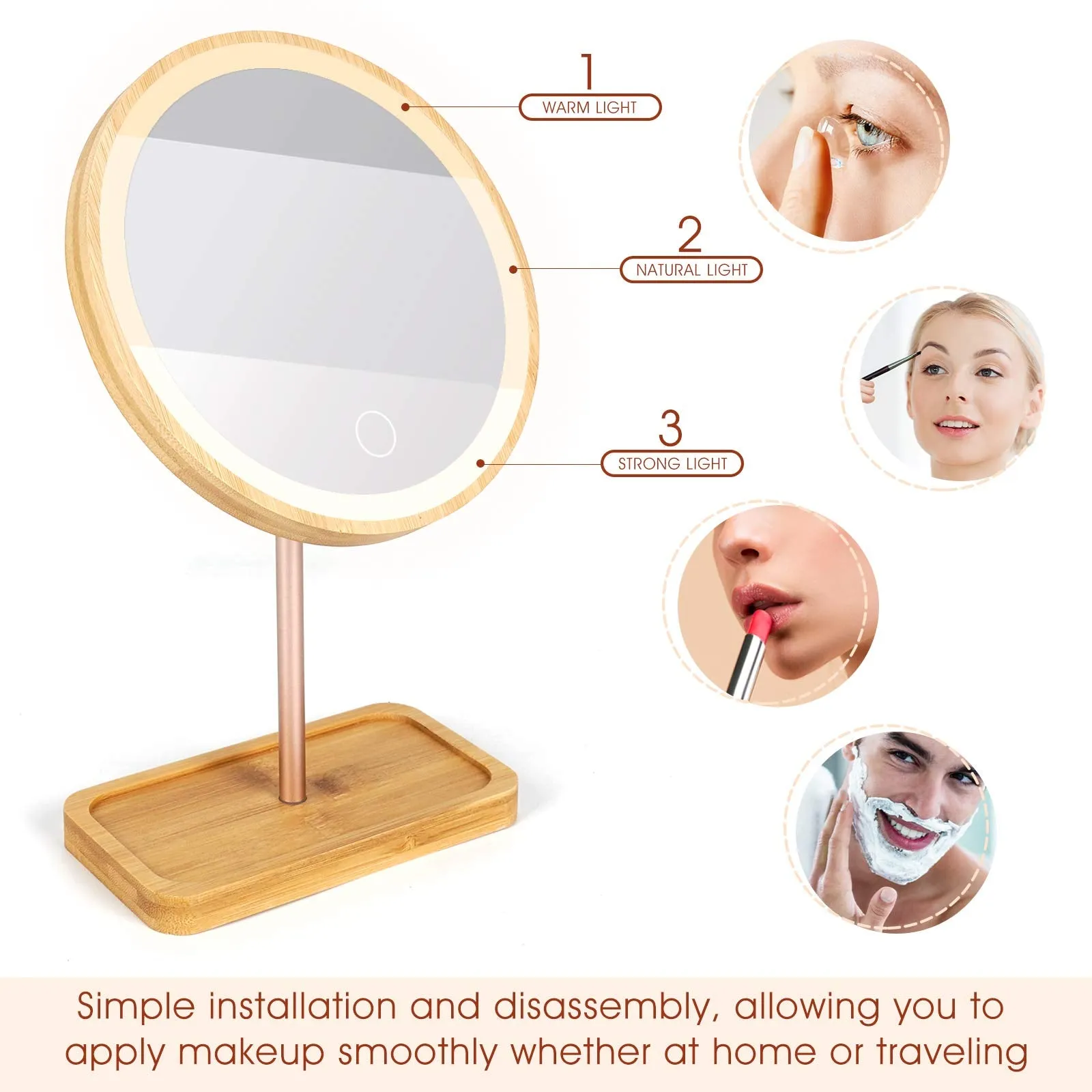 Erivibor Led Bamboo Wooden Makeup Mirror Desktop Cosmetic Mirrors with 3 Lighting Modes USB Rechargeable Battery Adjustable Touch Beauty Lamp
