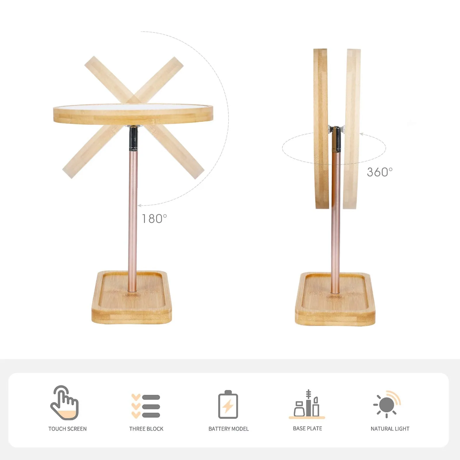 Erivibor Led Bamboo Wooden Makeup Mirror Desktop Cosmetic Mirrors with 3 Lighting Modes USB Rechargeable Battery Adjustable Touch Beauty Lamp
