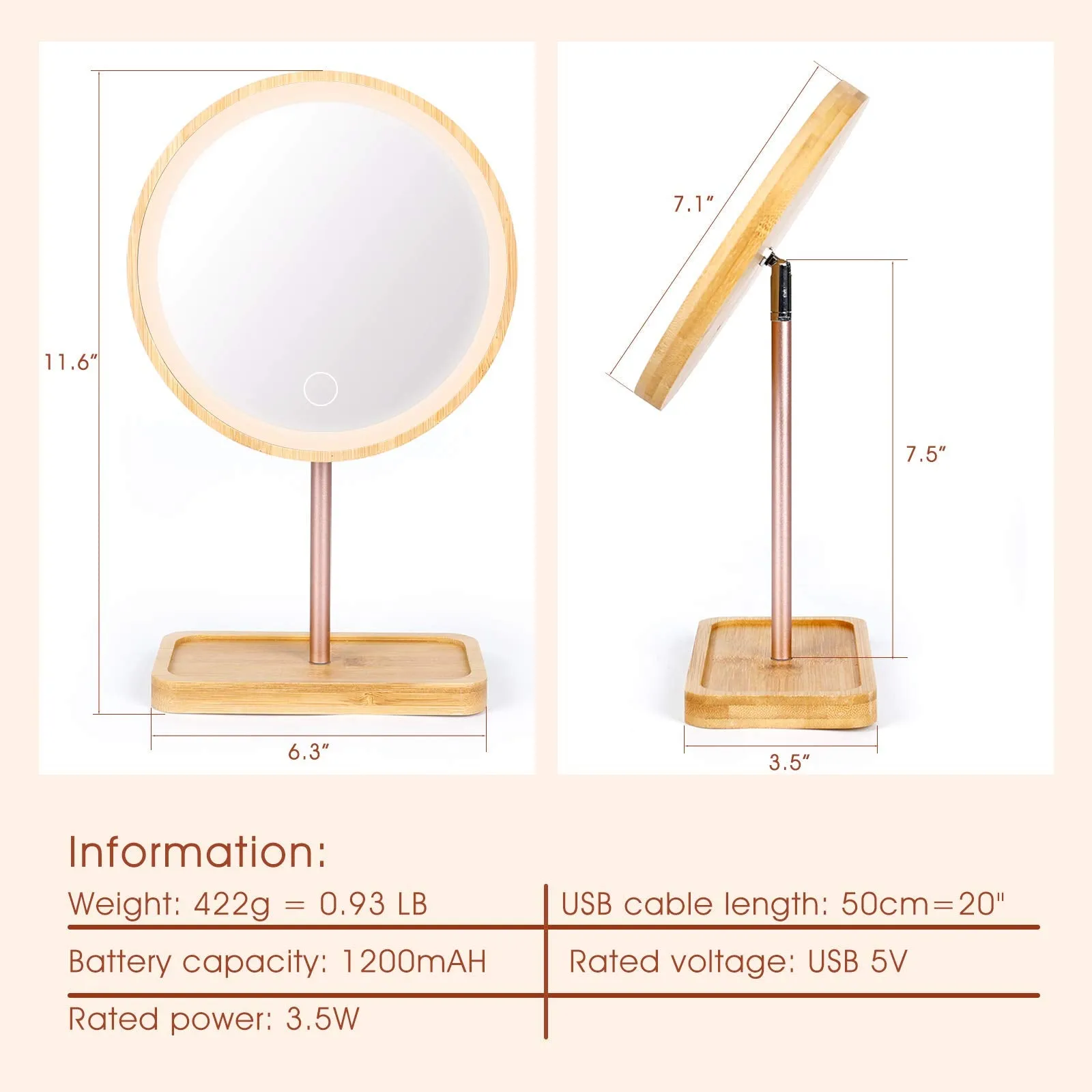 Erivibor Led Bamboo Wooden Makeup Mirror Desktop Cosmetic Mirrors with 3 Lighting Modes USB Rechargeable Battery Adjustable Touch Beauty Lamp
