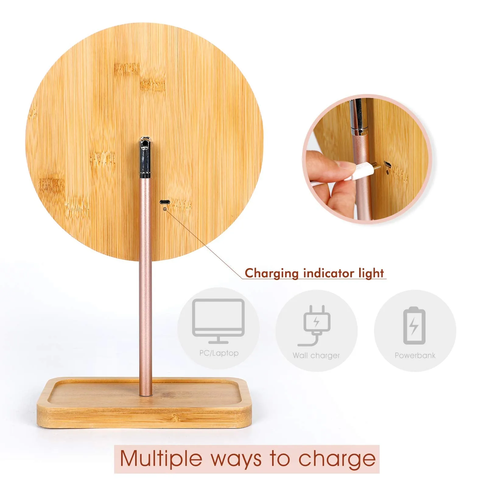 Erivibor Led Bamboo Wooden Makeup Mirror Desktop Cosmetic Mirrors with 3 Lighting Modes USB Rechargeable Battery Adjustable Touch Beauty Lamp