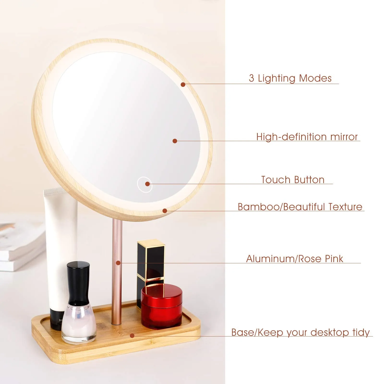Erivibor Led Bamboo Wooden Makeup Mirror Desktop Cosmetic Mirrors with 3 Lighting Modes USB Rechargeable Battery Adjustable Touch Beauty Lamp