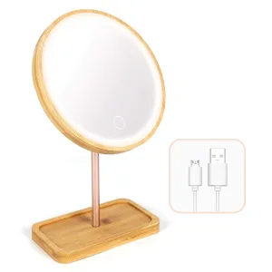 Erivibor Led Bamboo Wooden Makeup Mirror Desktop Cosmetic Mirrors with 3 Lighting Modes USB Rechargeable Battery Adjustable Touch Beauty Lamp