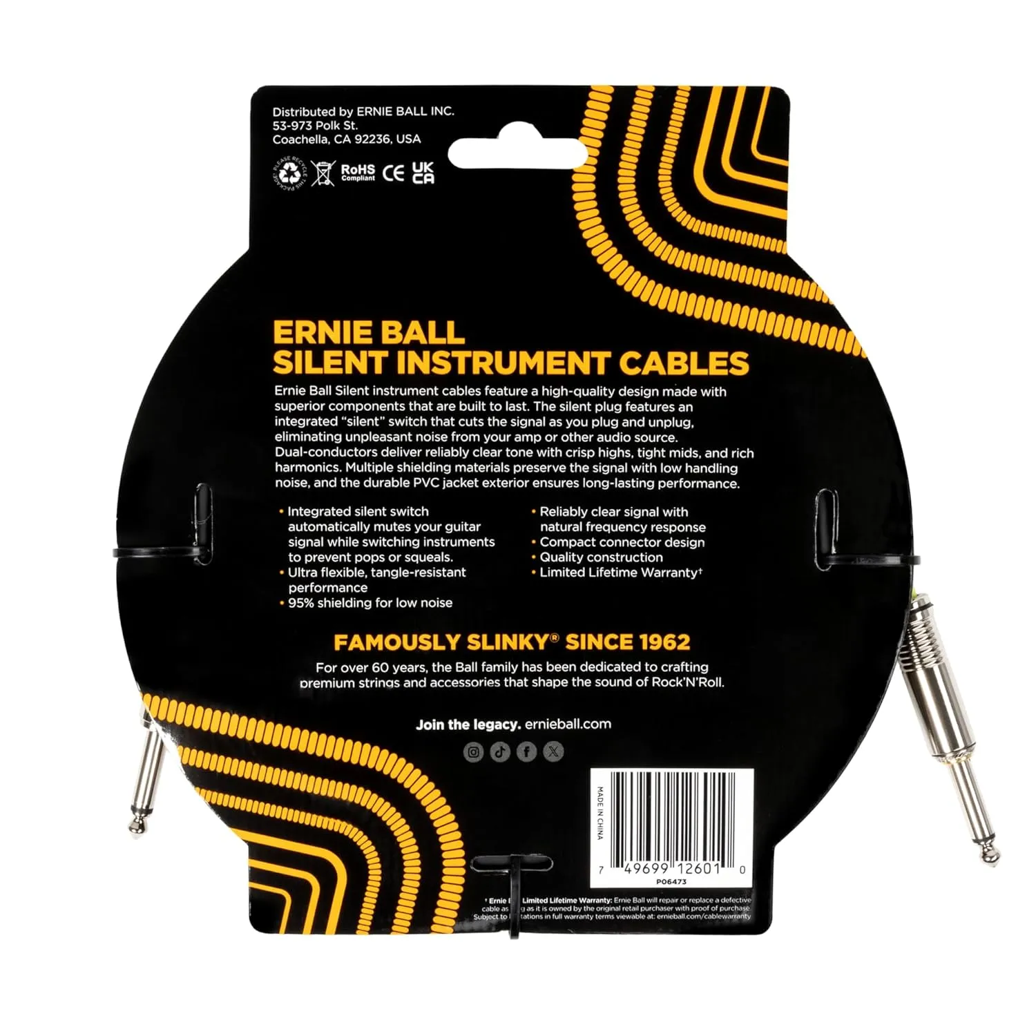 Ernie Ball Classic Silent Instrument Cable, Straight/Straight 20ft - Black