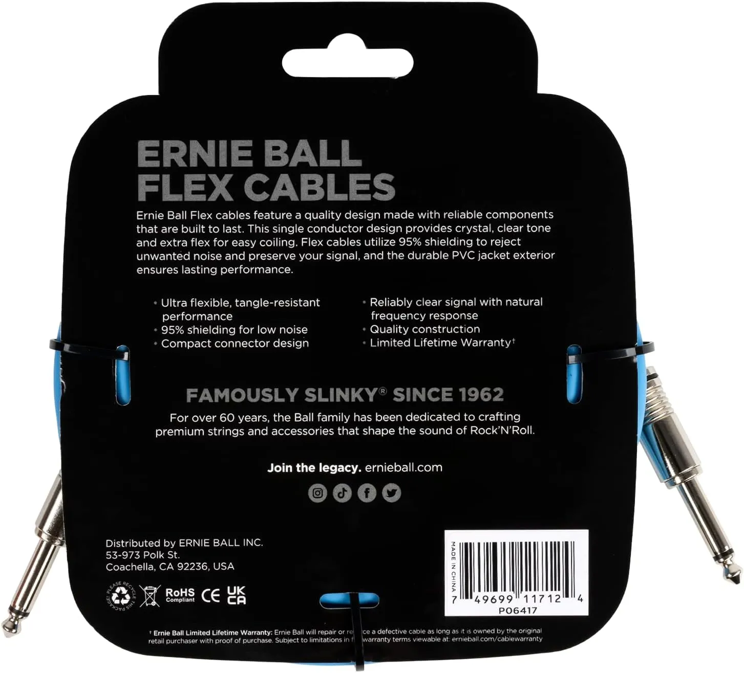 Ernie Ball Instrument Cable, Blue, 20ft (P06417)