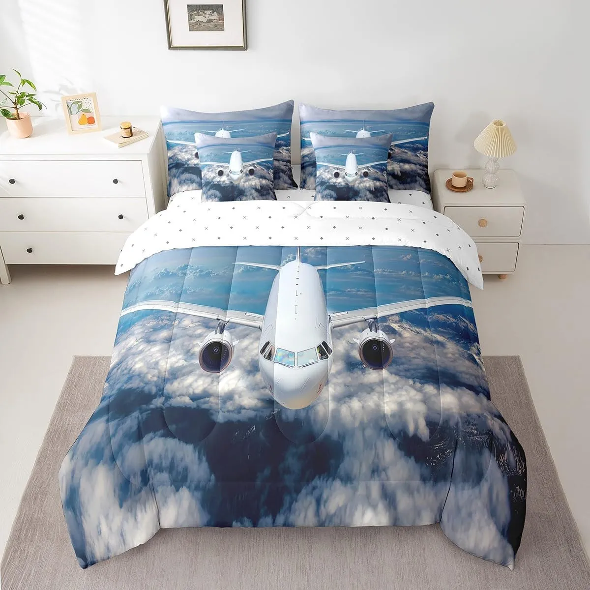 Erosebridal Aviation Aircraft 7 Piece Comforter Set Full Bed in a Bag,Plane Airliner Bedding Sets Airplane Aeroplane Sheet Set with Comforter