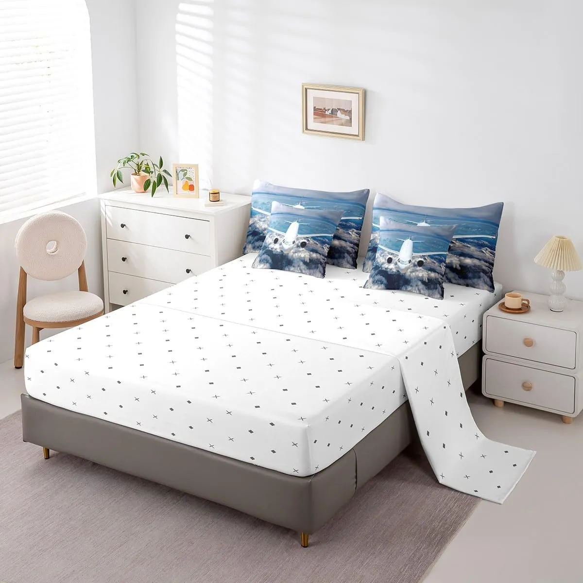 Erosebridal Aviation Aircraft 7 Piece Comforter Set Full Bed in a Bag,Plane Airliner Bedding Sets Airplane Aeroplane Sheet Set with Comforter