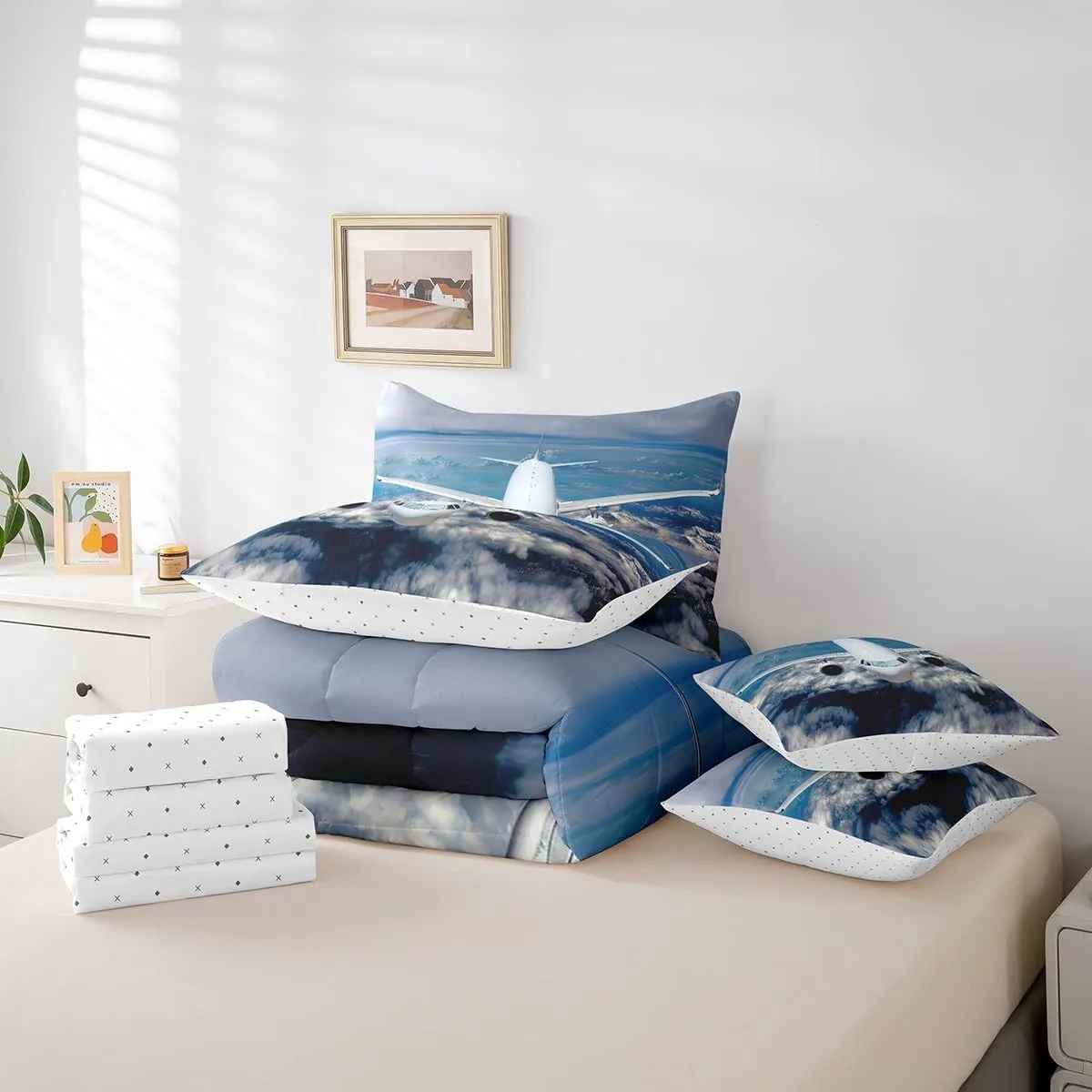 Erosebridal Aviation Aircraft 7 Piece Comforter Set Full Bed in a Bag,Plane Airliner Bedding Sets Airplane Aeroplane Sheet Set with Comforter