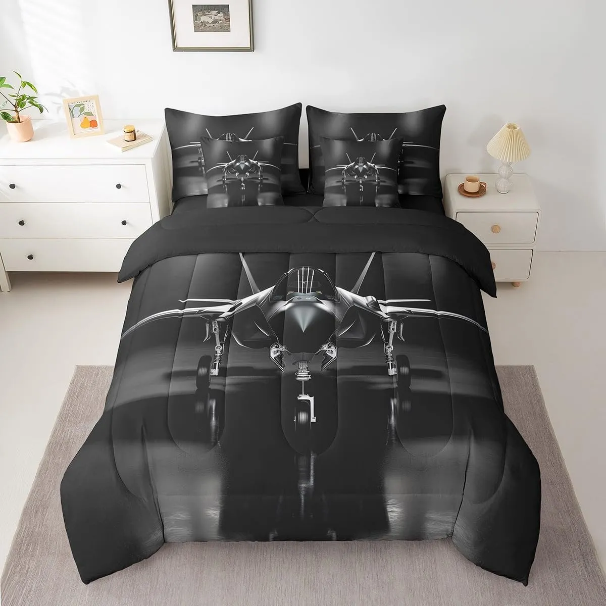 Erosebridal Aviation Aircraft Bed in a Bag Queen Comforter Set 7 Piece,Airplane Aeroplane Bedding Sets Plane Airliner Sheet Set with Comforter