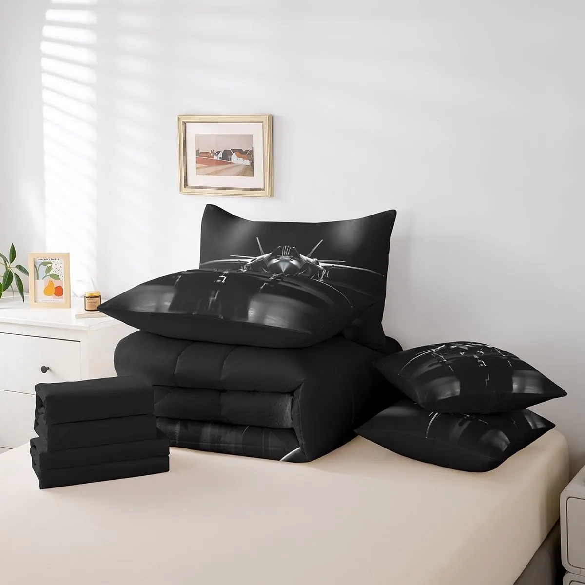 Erosebridal Aviation Aircraft Bed in a Bag Queen Comforter Set 7 Piece,Airplane Aeroplane Bedding Sets Plane Airliner Sheet Set with Comforter
