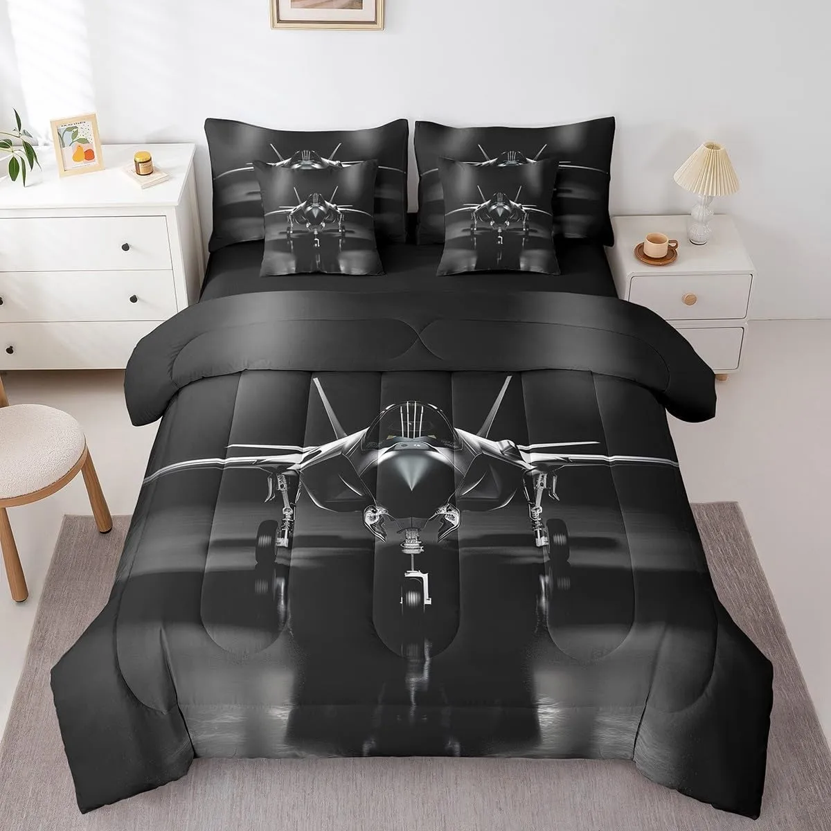Erosebridal Aviation Aircraft Bed in a Bag Queen Comforter Set 7 Piece,Airplane Aeroplane Bedding Sets Plane Airliner Sheet Set with Comforter