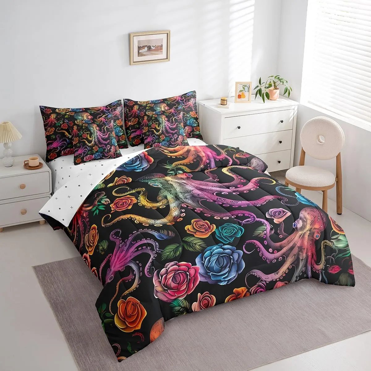 Erosebridal Octopus Bed in a Bag Queen Comforter Set 7 Piece,Rainbow Tentacles Bedding Sets Watercolor Rose Flowers Bed Sheets,Coastal Reptile Ocean Nautical Animal Sheet Set with Comforter
