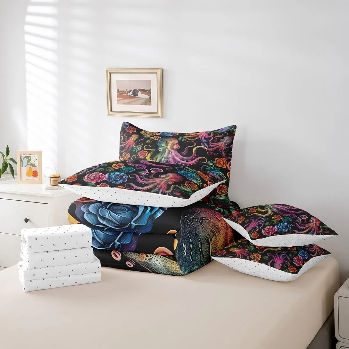 Erosebridal Octopus Bed in a Bag Queen Comforter Set 7 Piece,Rainbow Tentacles Bedding Sets Watercolor Rose Flowers Bed Sheets,Coastal Reptile Ocean Nautical Animal Sheet Set with Comforter