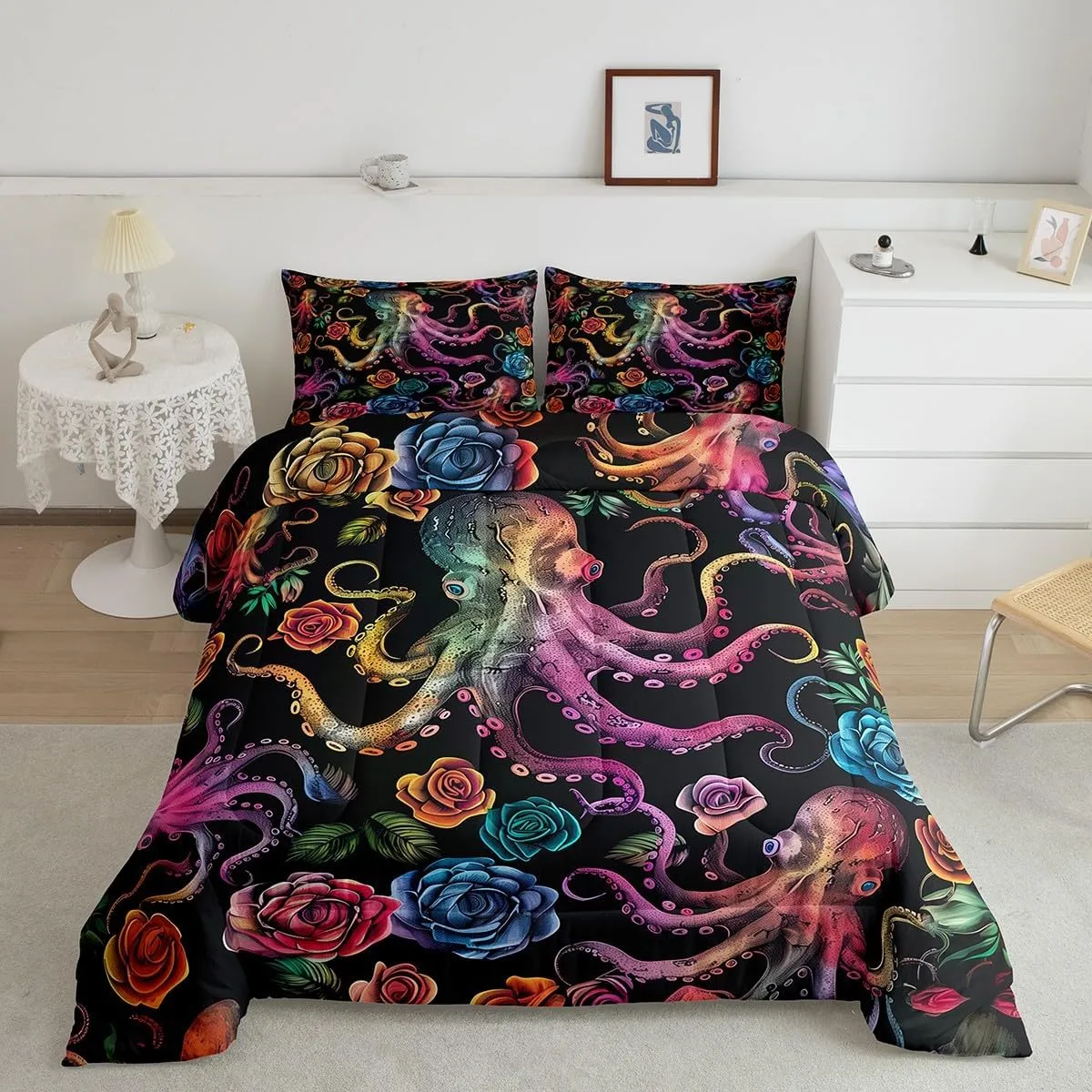 Erosebridal Octopus Bed in a Bag Queen Comforter Set 7 Piece,Rainbow Tentacles Bedding Sets Watercolor Rose Flowers Bed Sheets,Coastal Reptile Ocean Nautical Animal Sheet Set with Comforter