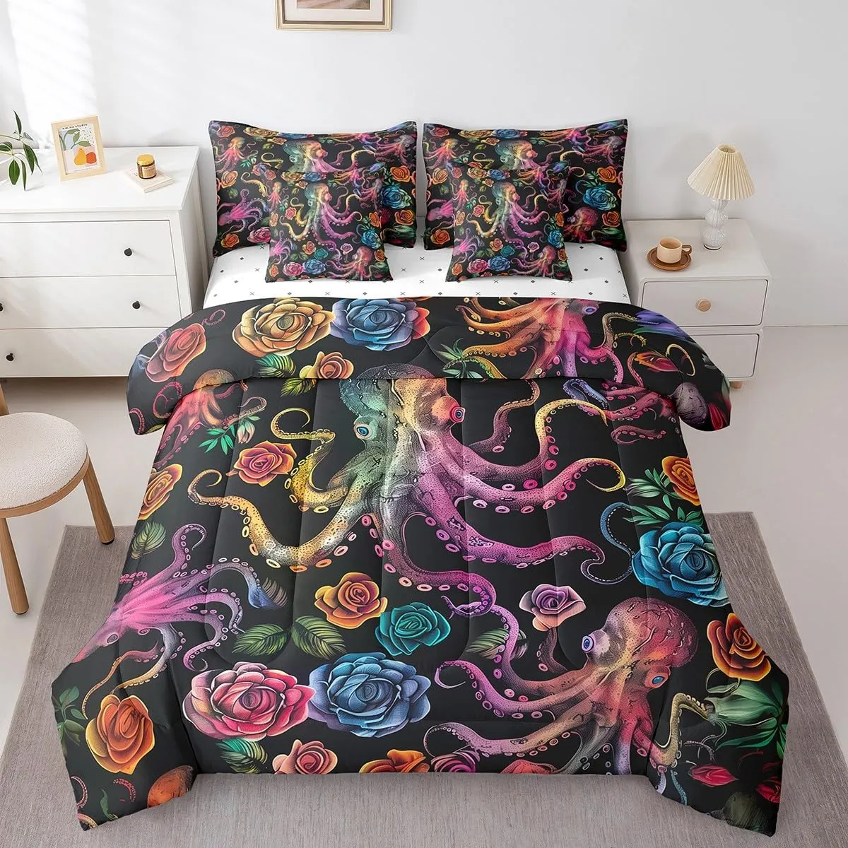 Erosebridal Octopus Bed in a Bag Queen Comforter Set 7 Piece,Rainbow Tentacles Bedding Sets Watercolor Rose Flowers Bed Sheets,Coastal Reptile Ocean Nautical Animal Sheet Set with Comforter