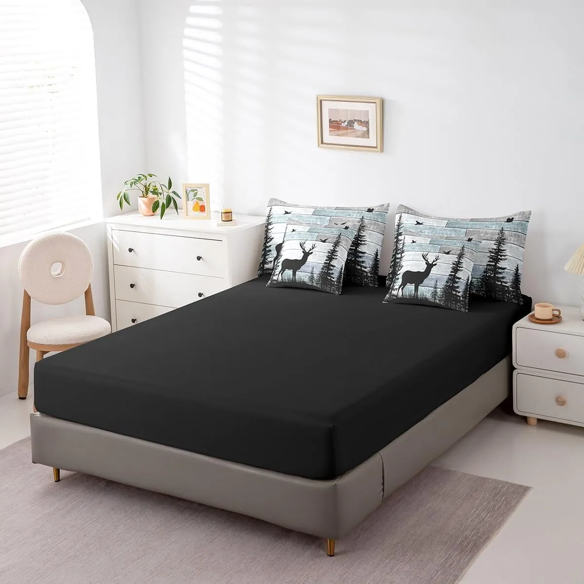 Erosebridal Rustic Queen Comforter Set 7 Pieces,Deer Bedding Sets for Boys Girls Teens,Cabin Farmhouse Western Bed in A Bag,Woodland Wildlife Forest Sheet Set with Comforter for Bedroom Decor
