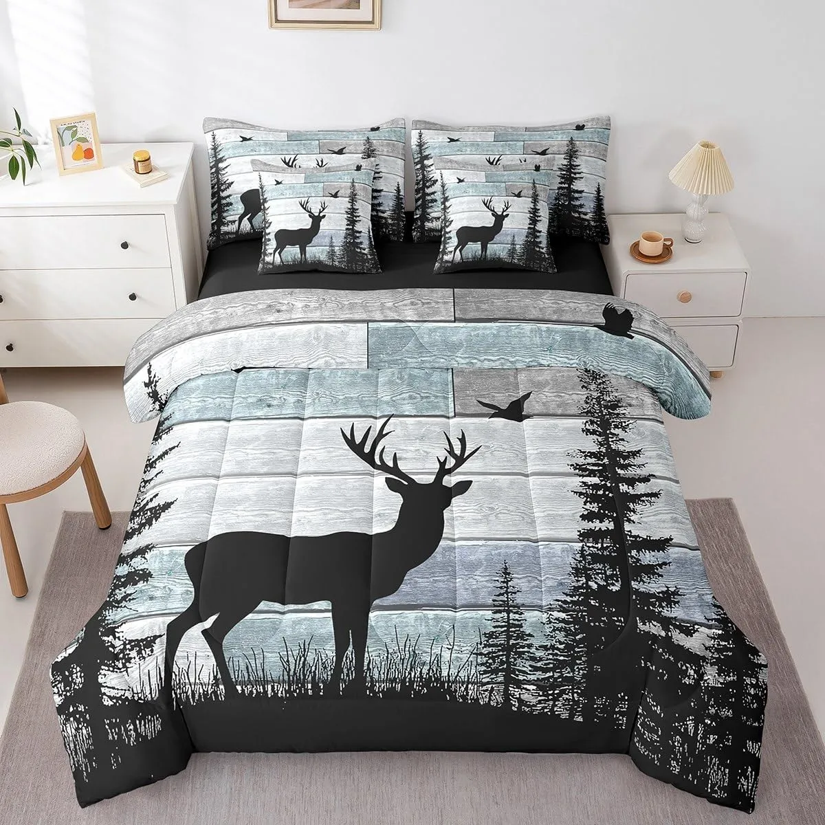 Erosebridal Rustic Queen Comforter Set 7 Pieces,Deer Bedding Sets for Boys Girls Teens,Cabin Farmhouse Western Bed in A Bag,Woodland Wildlife Forest Sheet Set with Comforter for Bedroom Decor