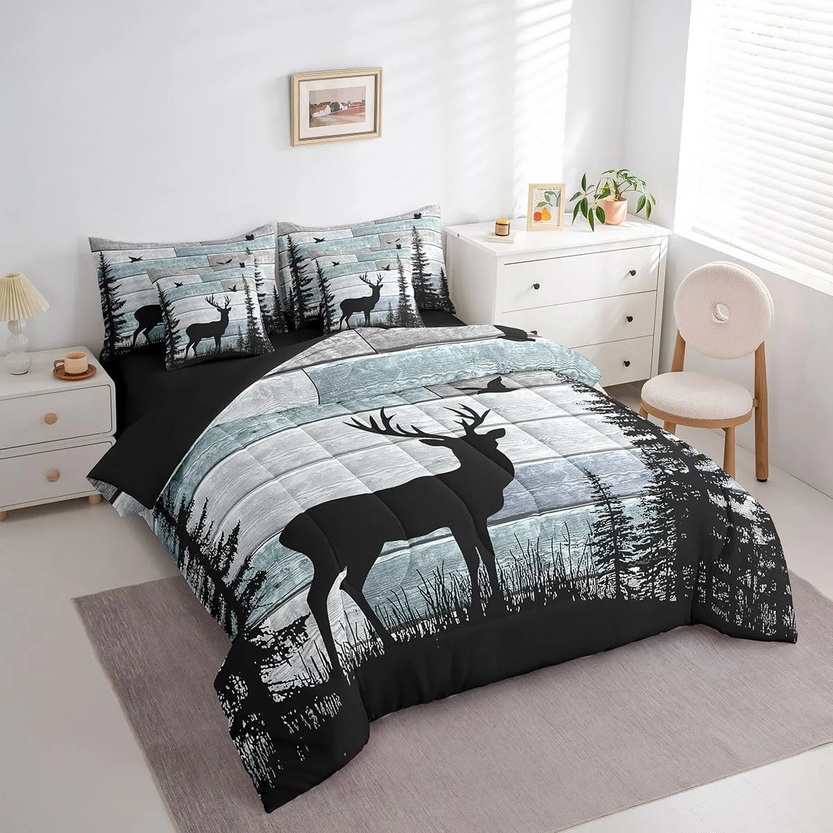 Erosebridal Rustic Queen Comforter Set 7 Pieces,Deer Bedding Sets for Boys Girls Teens,Cabin Farmhouse Western Bed in A Bag,Woodland Wildlife Forest Sheet Set with Comforter for Bedroom Decor
