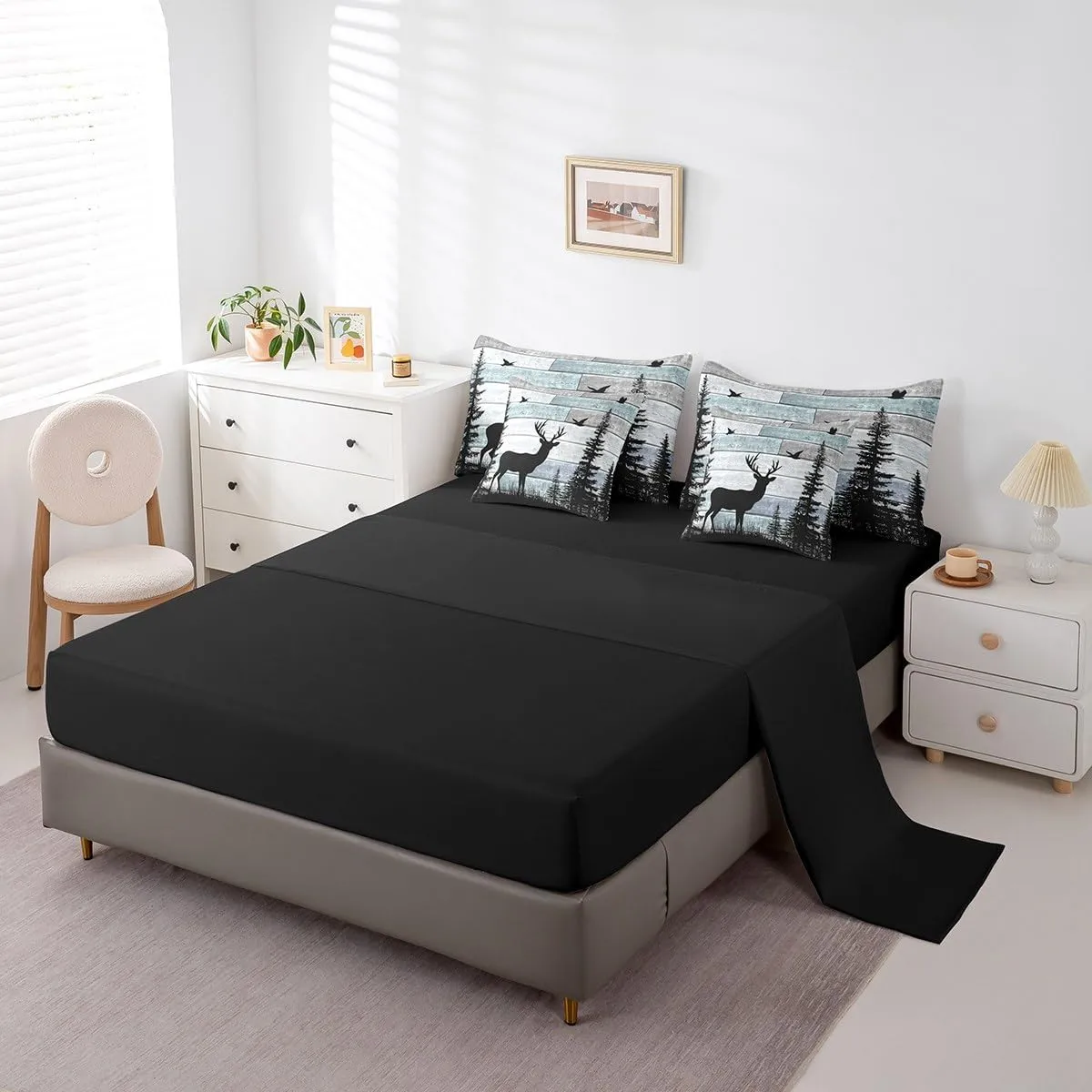 Erosebridal Rustic Queen Comforter Set 7 Pieces,Deer Bedding Sets for Boys Girls Teens,Cabin Farmhouse Western Bed in A Bag,Woodland Wildlife Forest Sheet Set with Comforter for Bedroom Decor