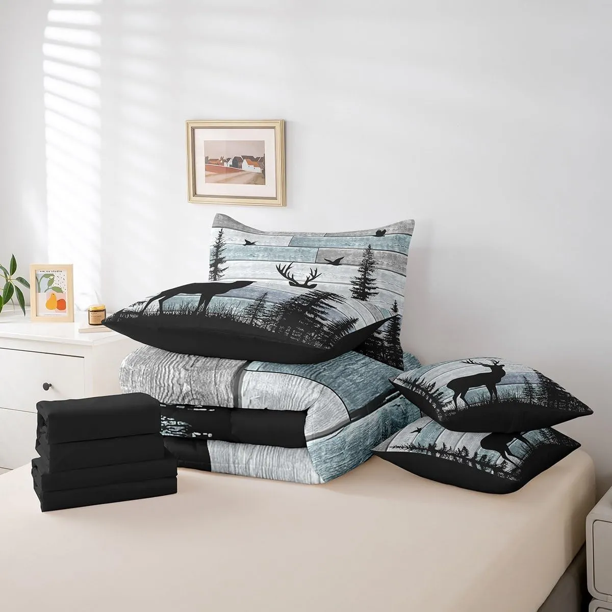 Erosebridal Rustic Queen Comforter Set 7 Pieces,Deer Bedding Sets for Boys Girls Teens,Cabin Farmhouse Western Bed in A Bag,Woodland Wildlife Forest Sheet Set with Comforter for Bedroom Decor