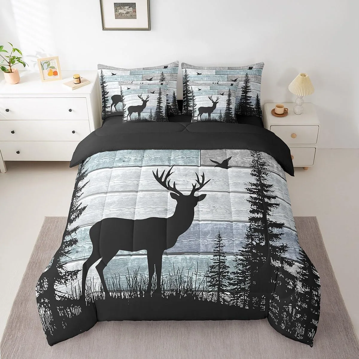 Erosebridal Rustic Queen Comforter Set 7 Pieces,Deer Bedding Sets for Boys Girls Teens,Cabin Farmhouse Western Bed in A Bag,Woodland Wildlife Forest Sheet Set with Comforter for Bedroom Decor