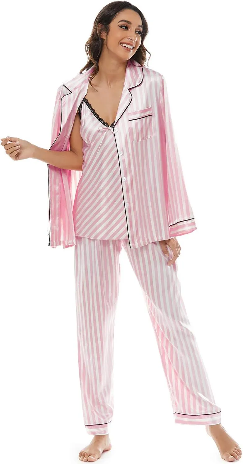 Escalier Womens 5pcs Silk Satin Pajama Set Cami Pjs Sleepwear Button Down Pj Sets Loungewear