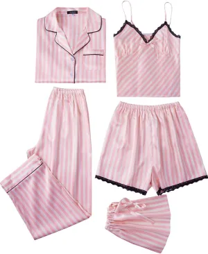 Escalier Womens 5pcs Silk Satin Pajama Set Cami Pjs Sleepwear Button Down Pj Sets Loungewear