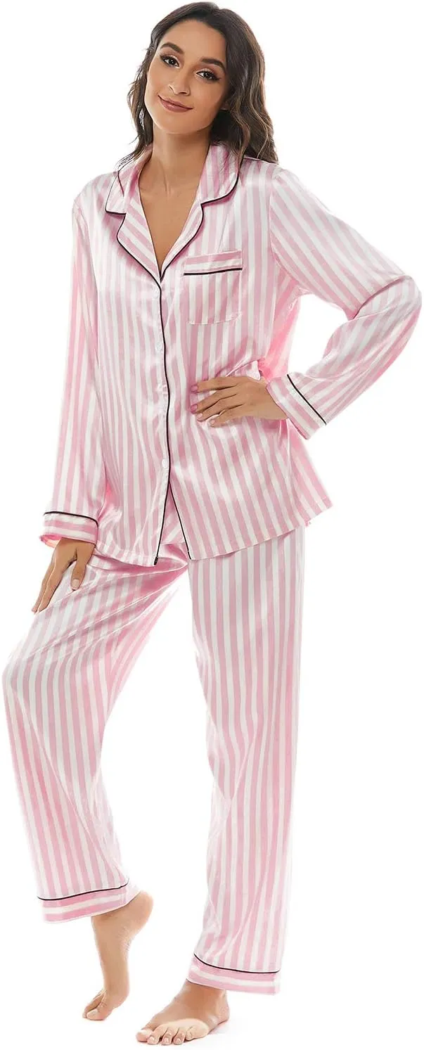 Escalier Womens 5pcs Silk Satin Pajama Set Cami Pjs Sleepwear Button Down Pj Sets Loungewear