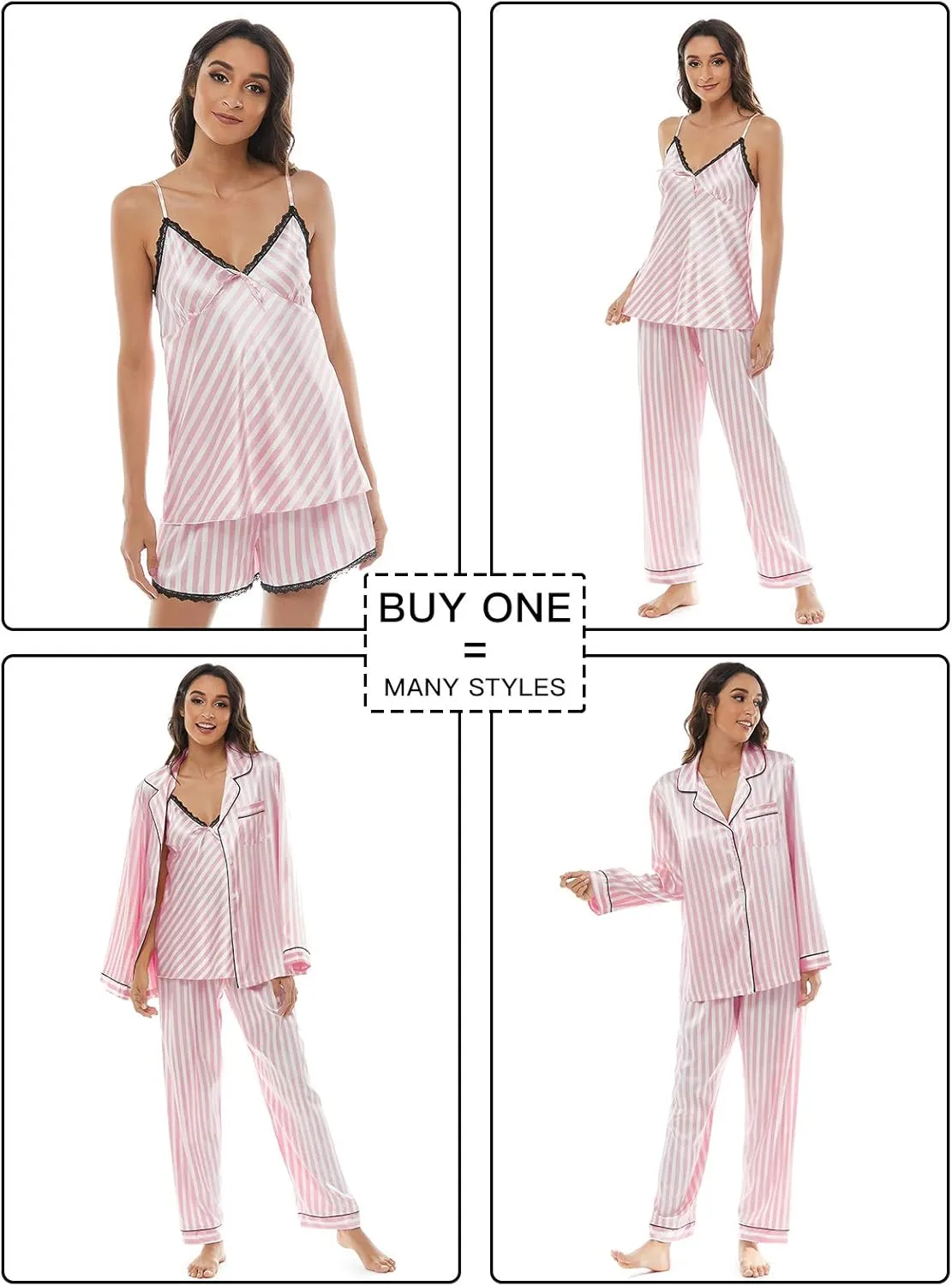 Escalier Womens 5pcs Silk Satin Pajama Set Cami Pjs Sleepwear Button Down Pj Sets Loungewear