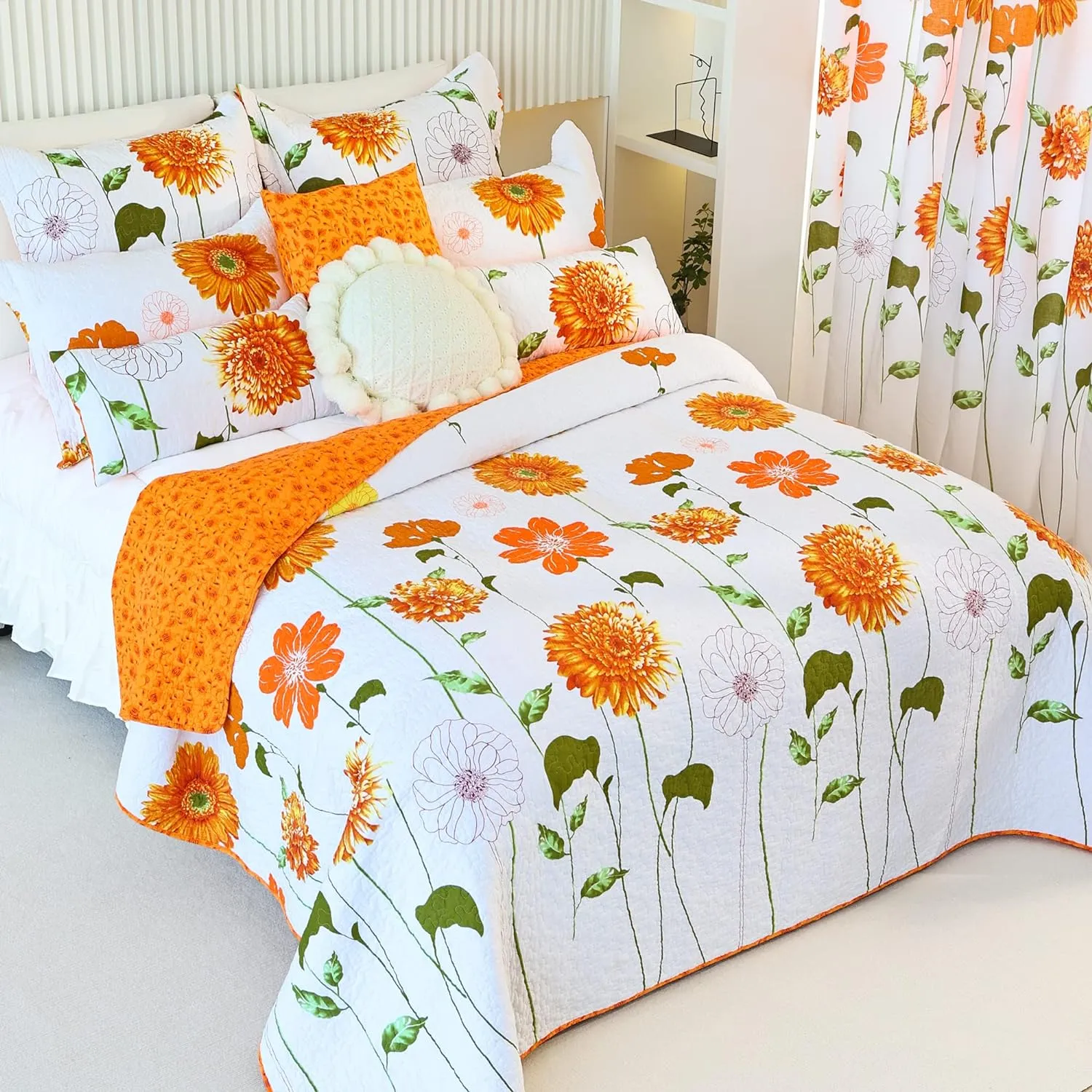 EVENHUG 100% Cotton Quilt King Size Orange Sunflower Bedding Set Floral Lightweight Quilt Reversible Coverlet Bedspread with 2 Pillow Shams All Seasons 3 Pieces (106”X96”)