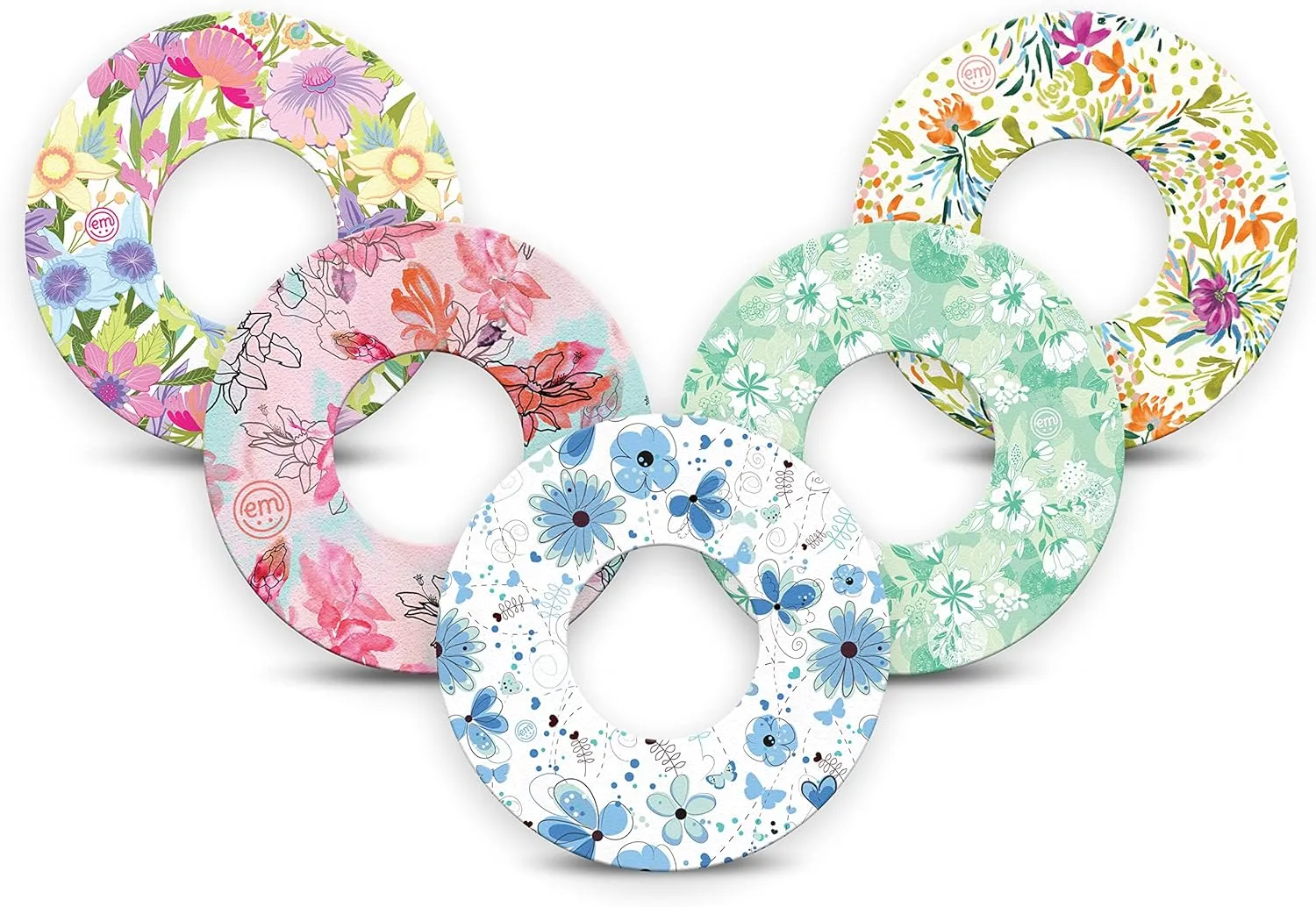 ExpressionMed - Adhesive Patches for Libre 2 and Lingo (Pack of 5) - Made in The USA, Waterproof, Non-Fraying, Pre-Cut CGM Sensor Tapes (Pastel Flowers Variety Pack)