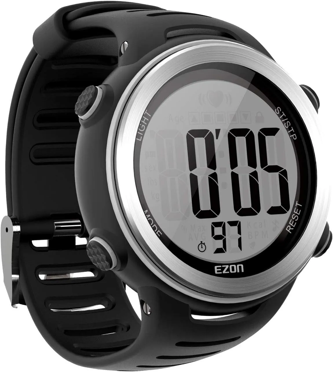 EZON Heart Rate Monitor and Chest Strap, Exercise Heart Rate Monitor, Sports Watch with HRM, Waterproof, Stopwatch, Hourly Chime, Steel Silver, T007A11