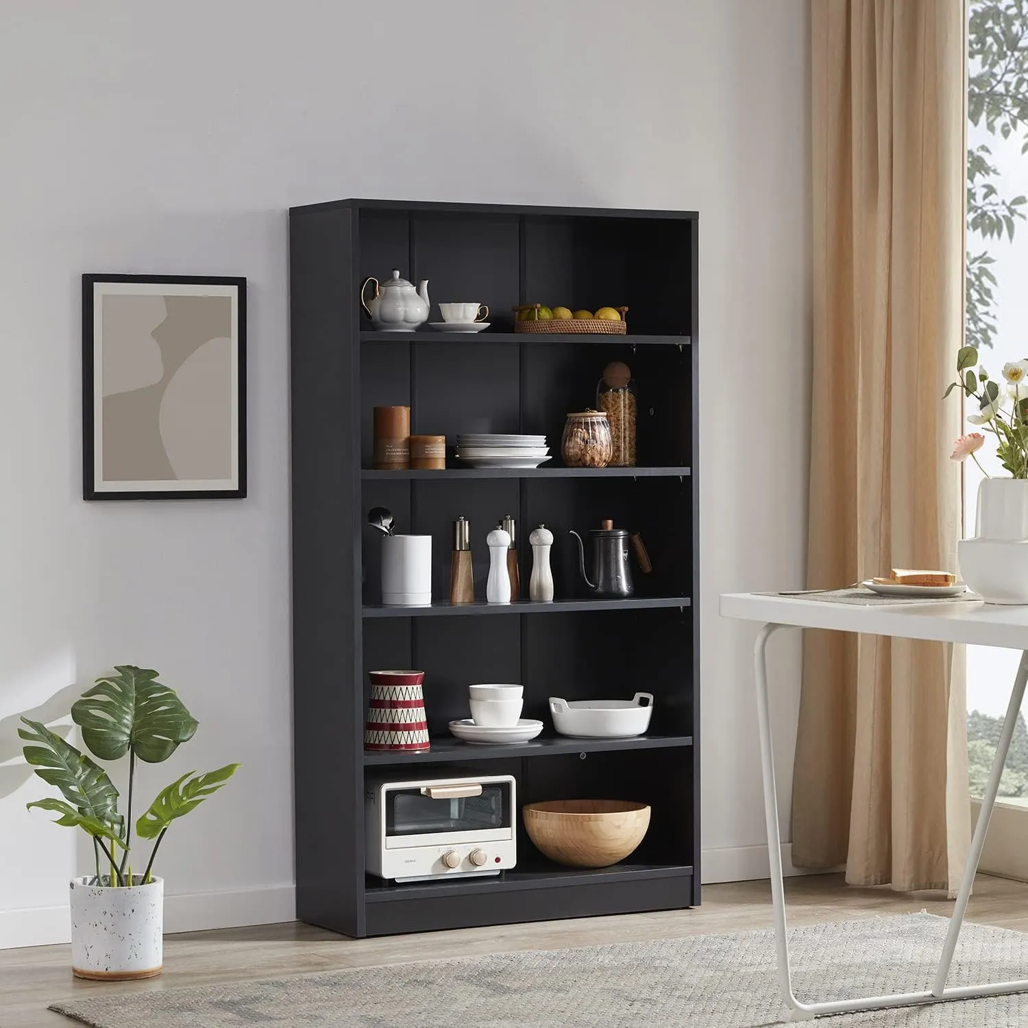Farini Black 5 Shelf Modern Wood Bookshelf - 60 Inch Tall, Wide Manga & Bookcase for Bedroom & Living Room