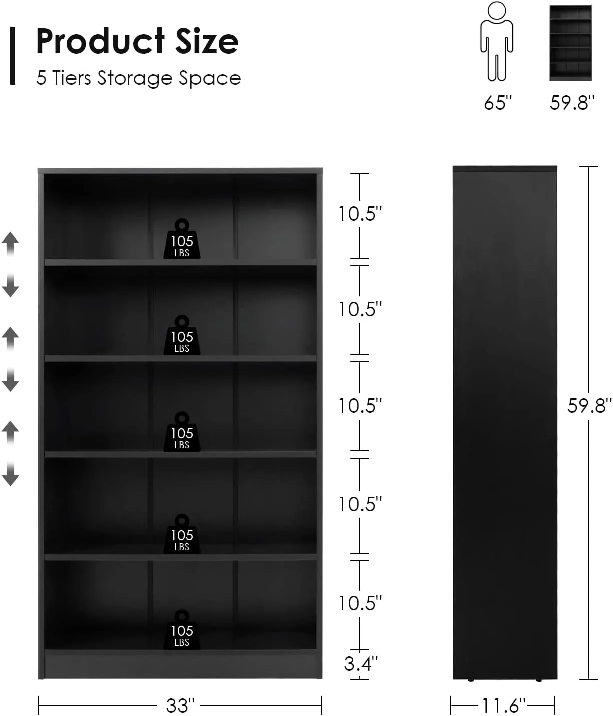 Farini Black 5 Shelf Modern Wood Bookshelf - 60 Inch Tall, Wide Manga & Bookcase for Bedroom & Living Room