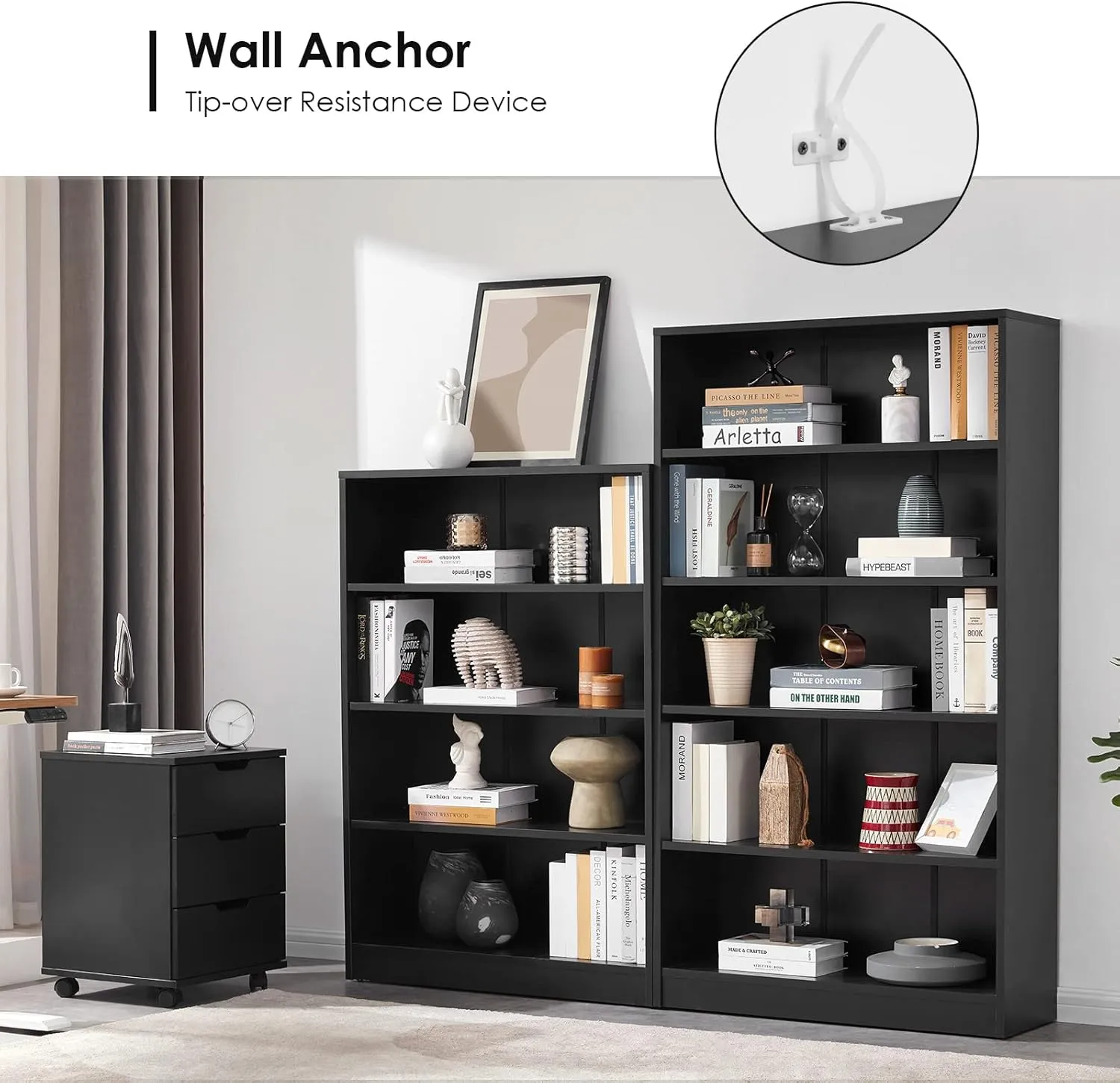 Farini Black 5 Shelf Modern Wood Bookshelf - 60 Inch Tall, Wide Manga & Bookcase for Bedroom & Living Room