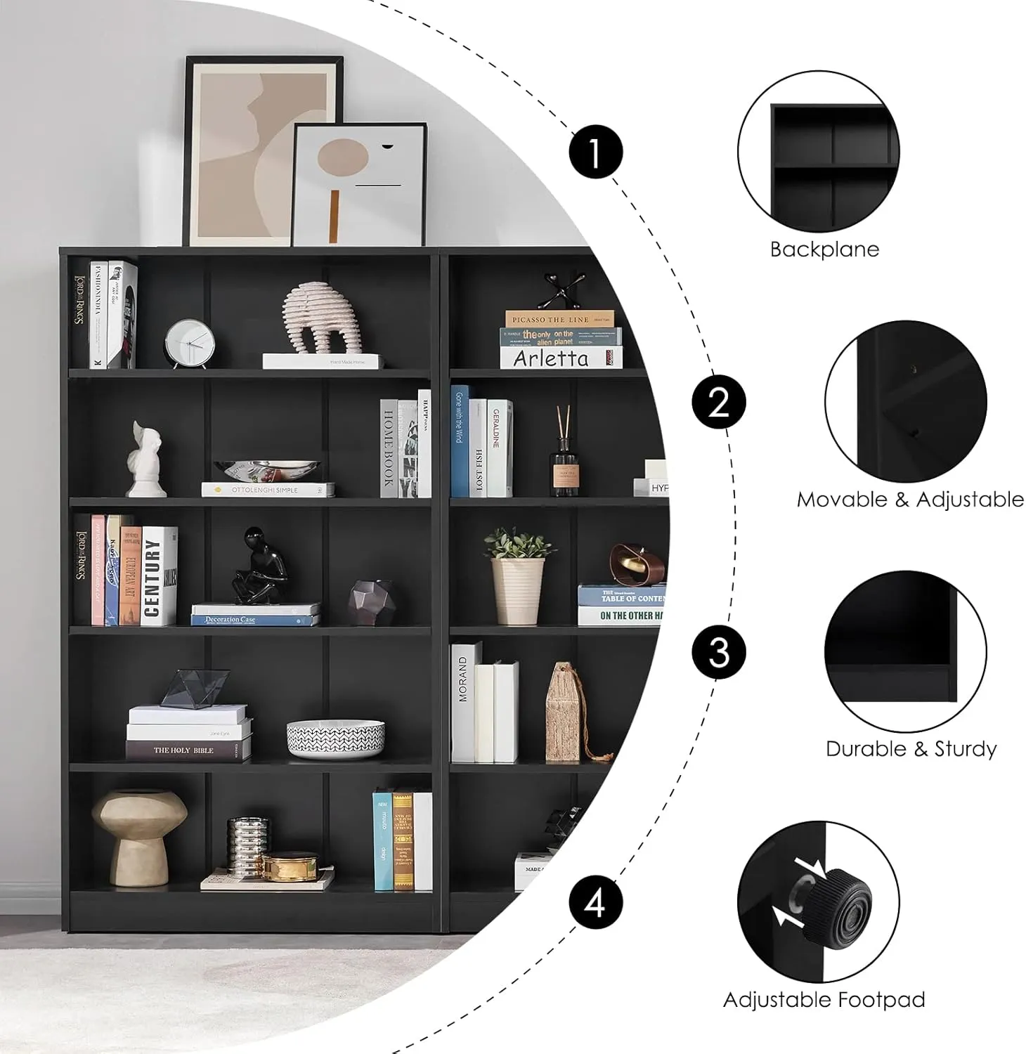Farini Black 5 Shelf Modern Wood Bookshelf - 60 Inch Tall, Wide Manga & Bookcase for Bedroom & Living Room