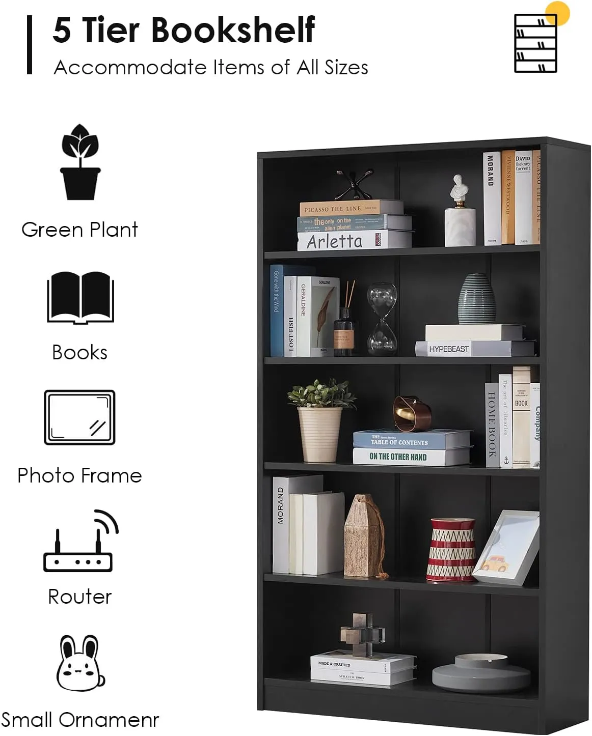 Farini Black 5 Shelf Modern Wood Bookshelf - 60 Inch Tall, Wide Manga & Bookcase for Bedroom & Living Room